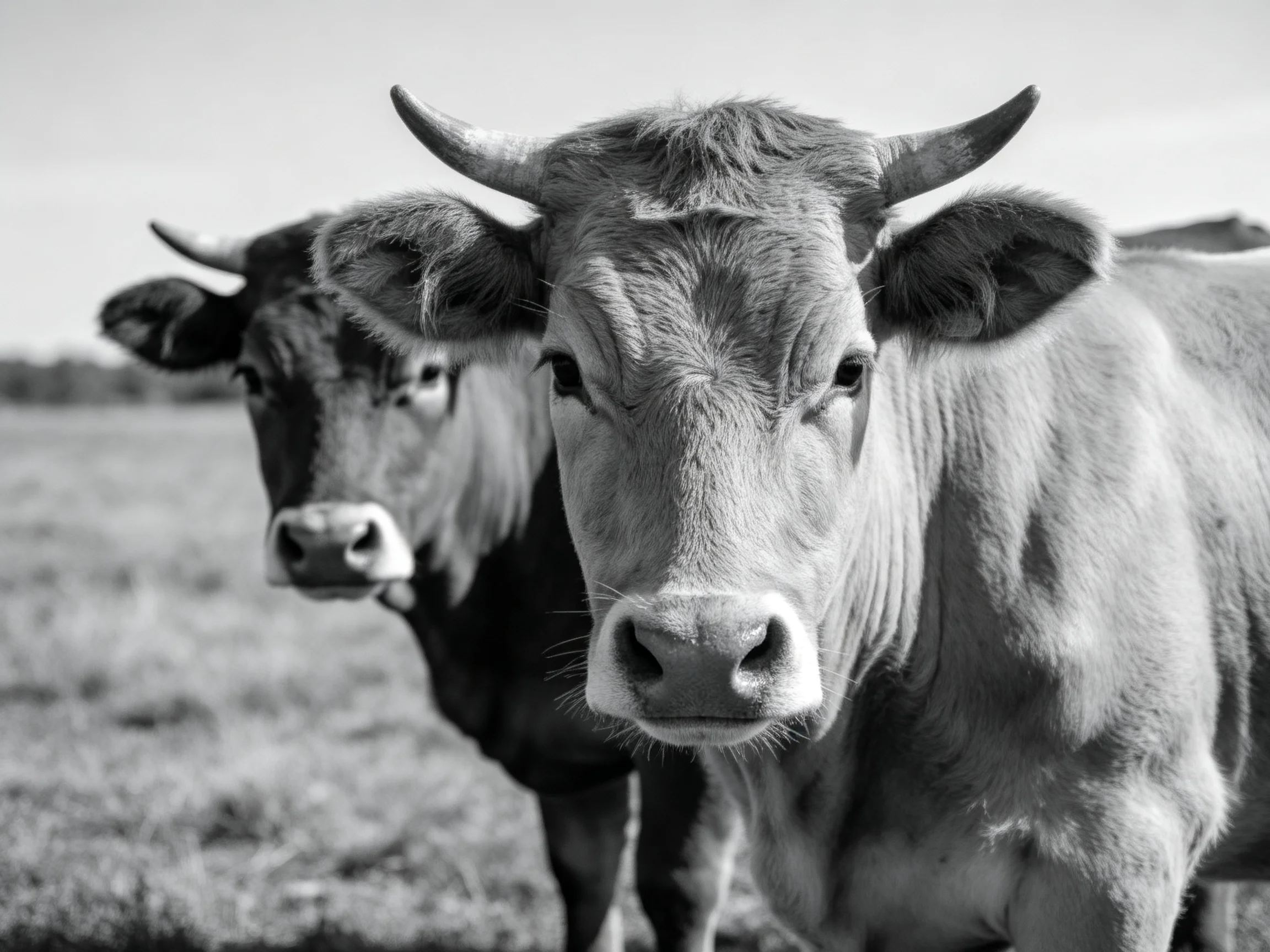 Two cows in a field, one with prominent horns