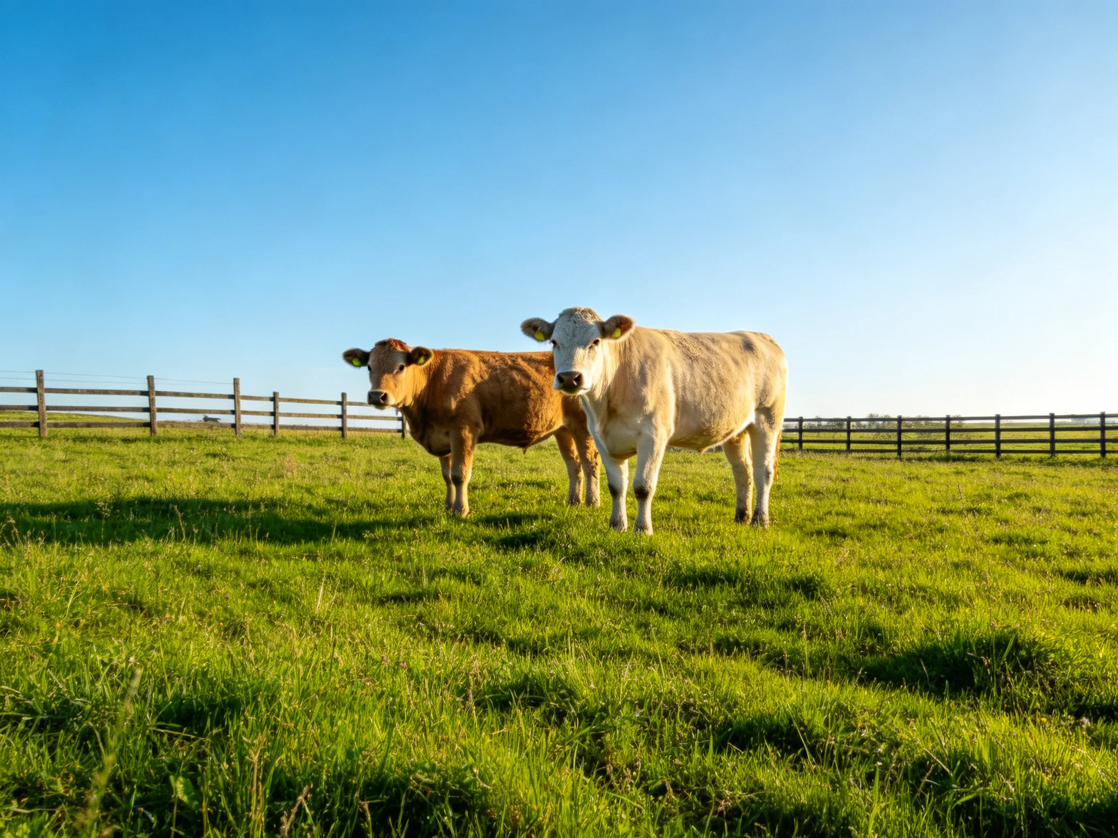 Two cows in a lush green pasture with wooden fencing