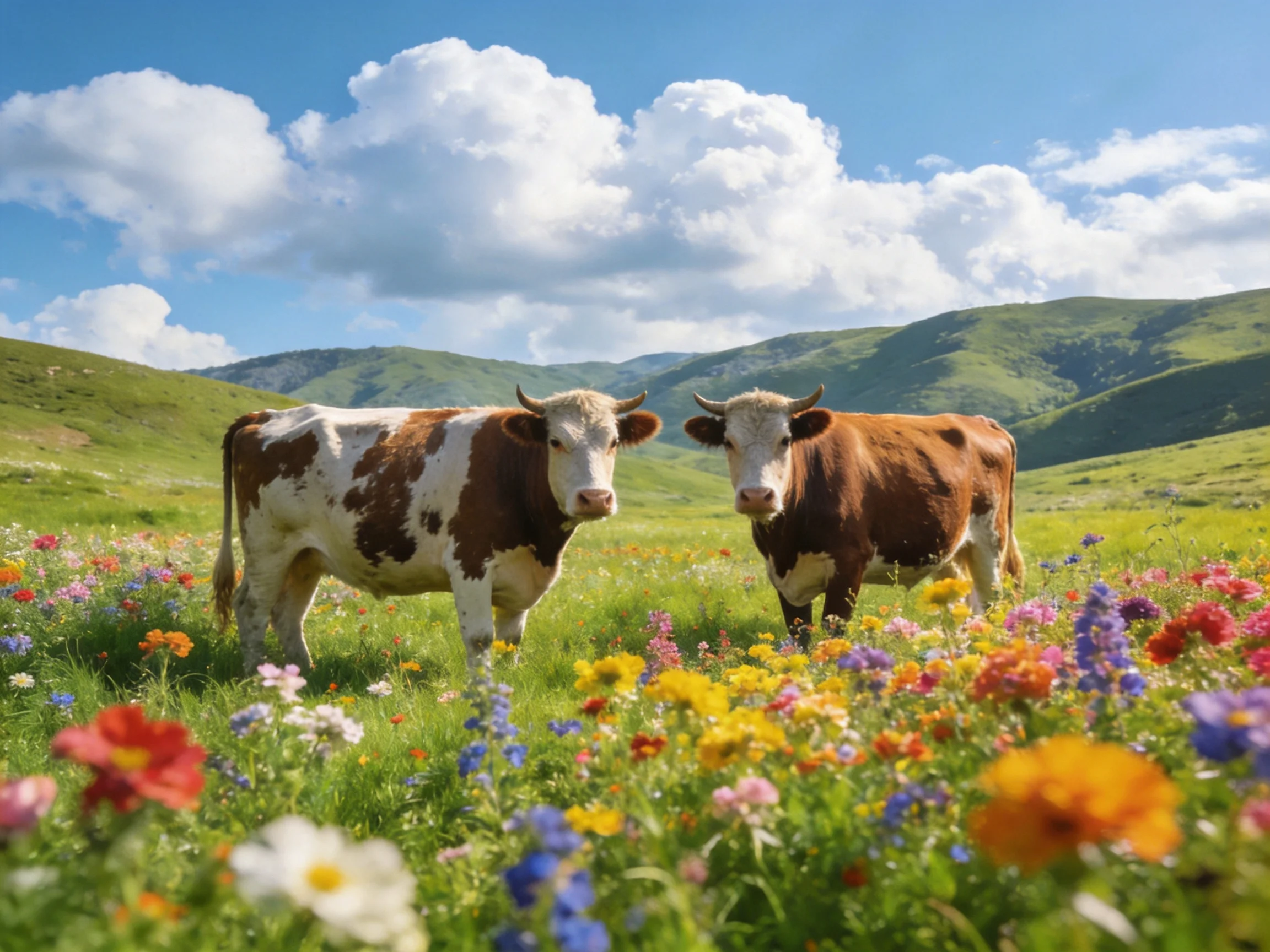 Two cows in a meadow with colorful wildflowers and rolling green hills