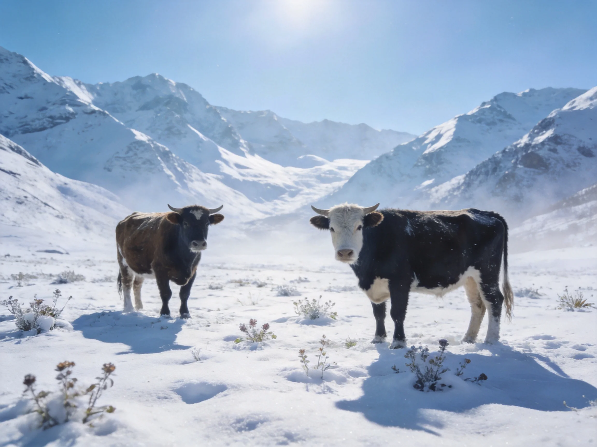 Two cows in a snow-covered mountain valley under clear blue skies