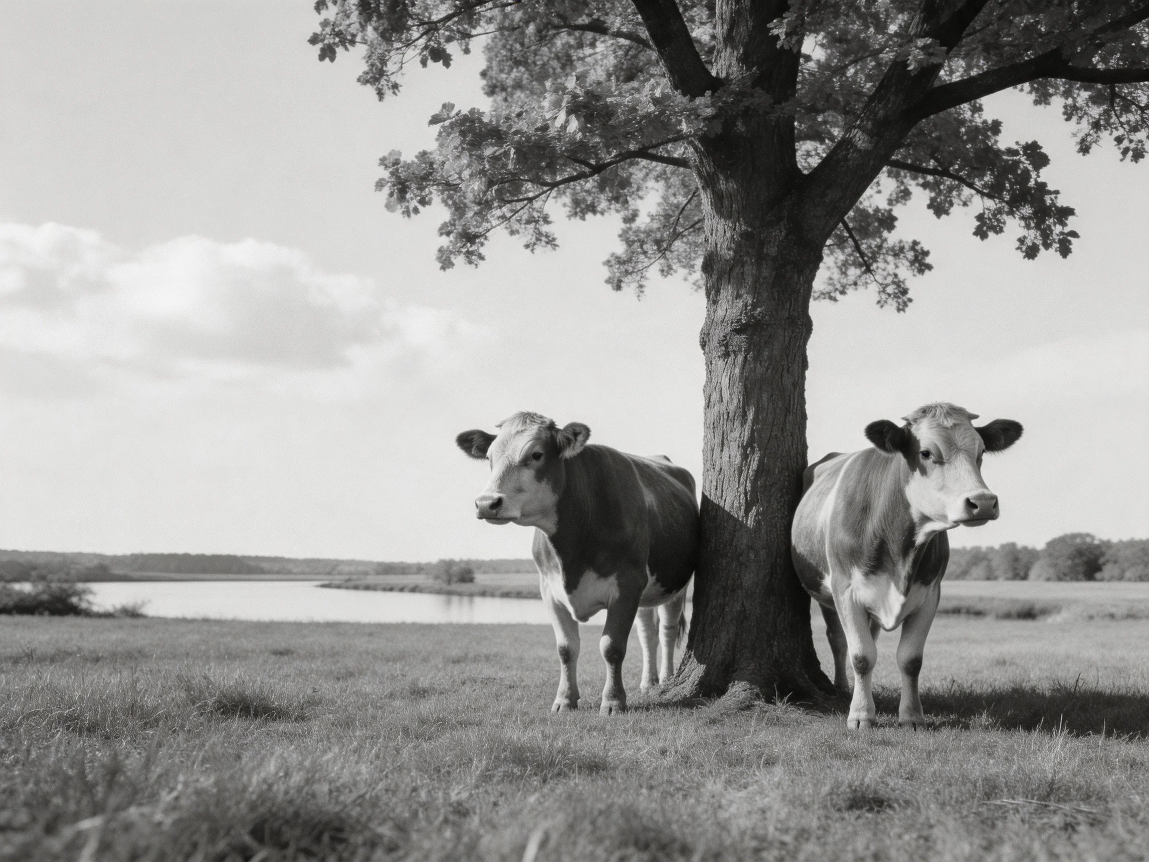 Two cows near a large tree in a grassy field by a calm body of water