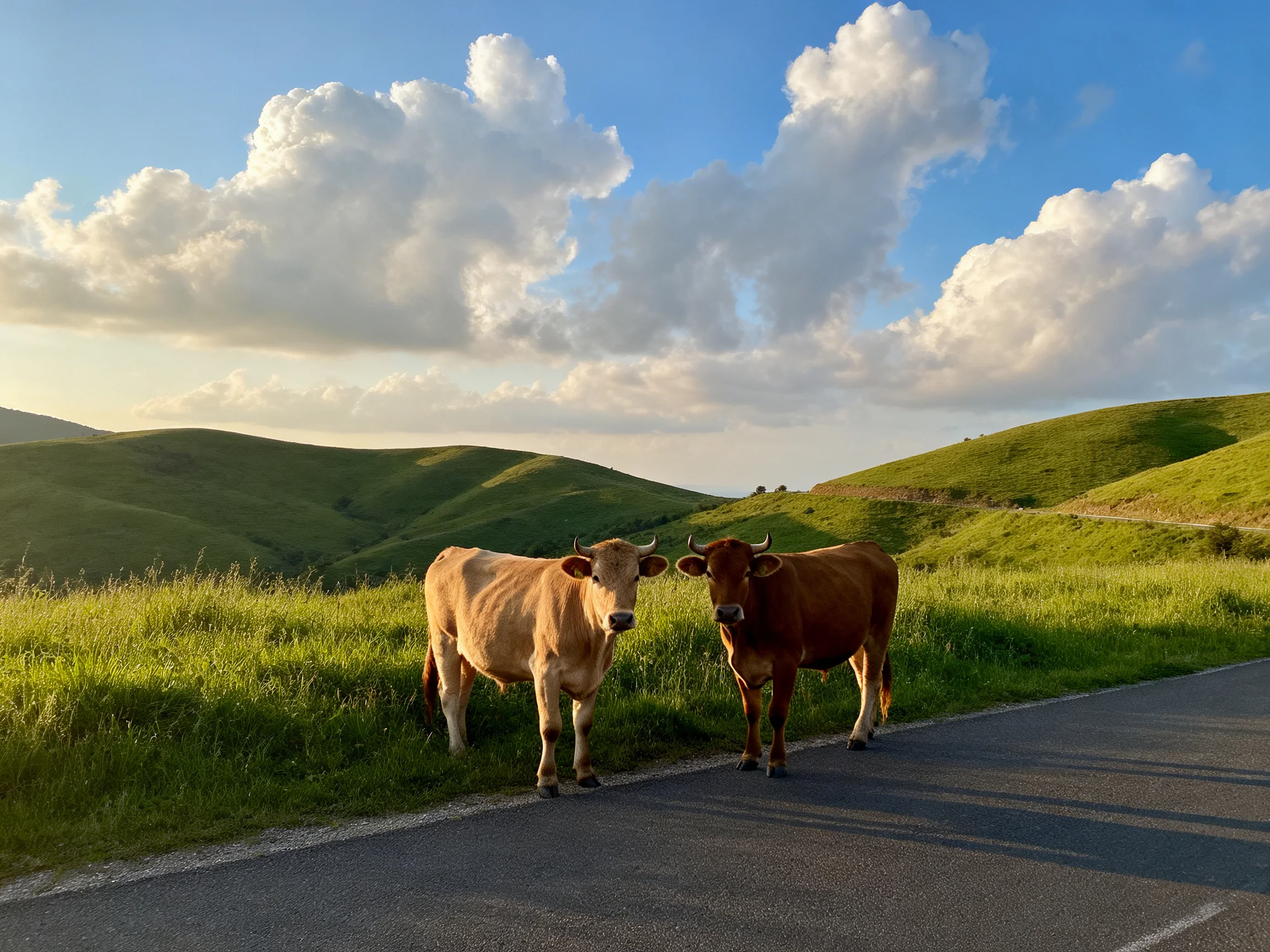 Two cows near a paved road with rolling green hills