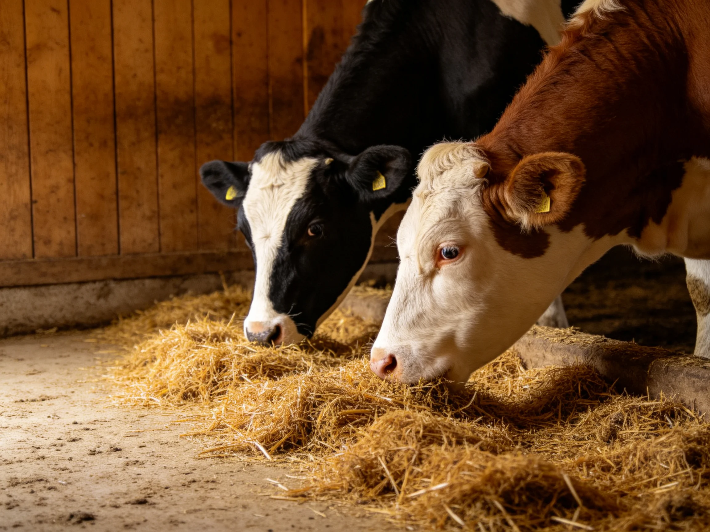 Two cows of contrasting colors eat hay in a wooden barn