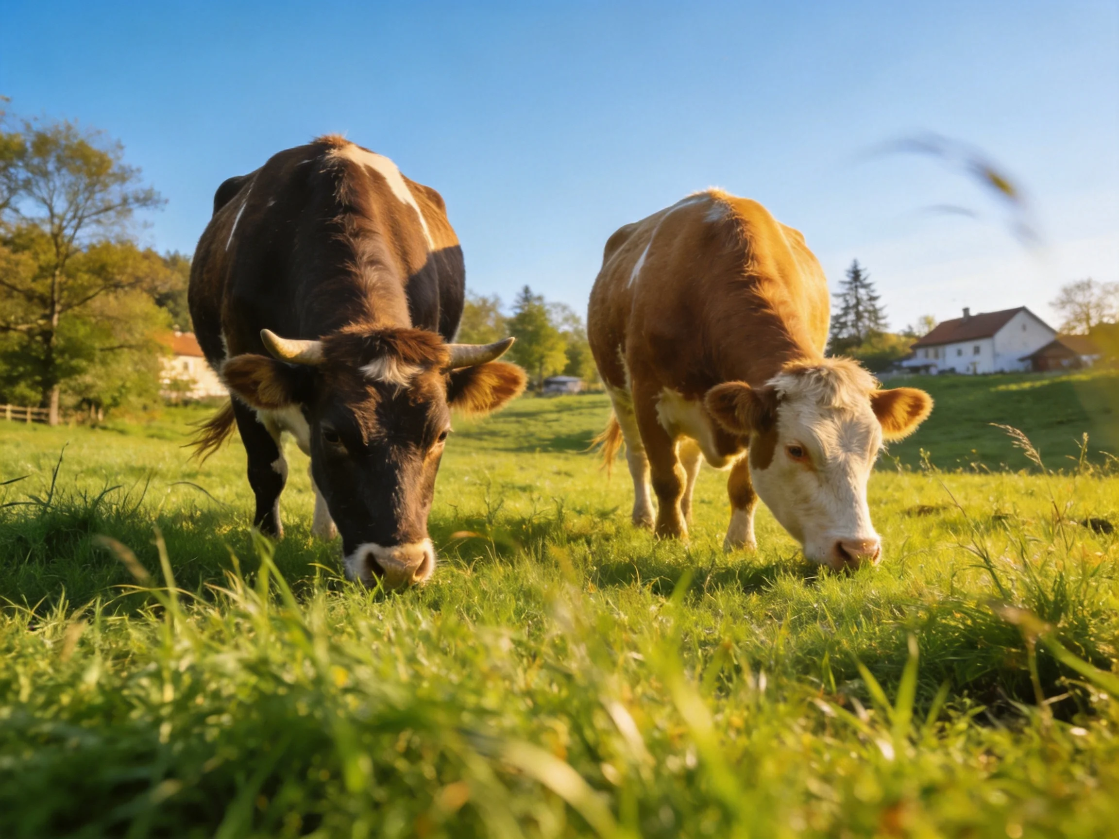 Two cows of contrasting colors graze in a sunlit green meadow