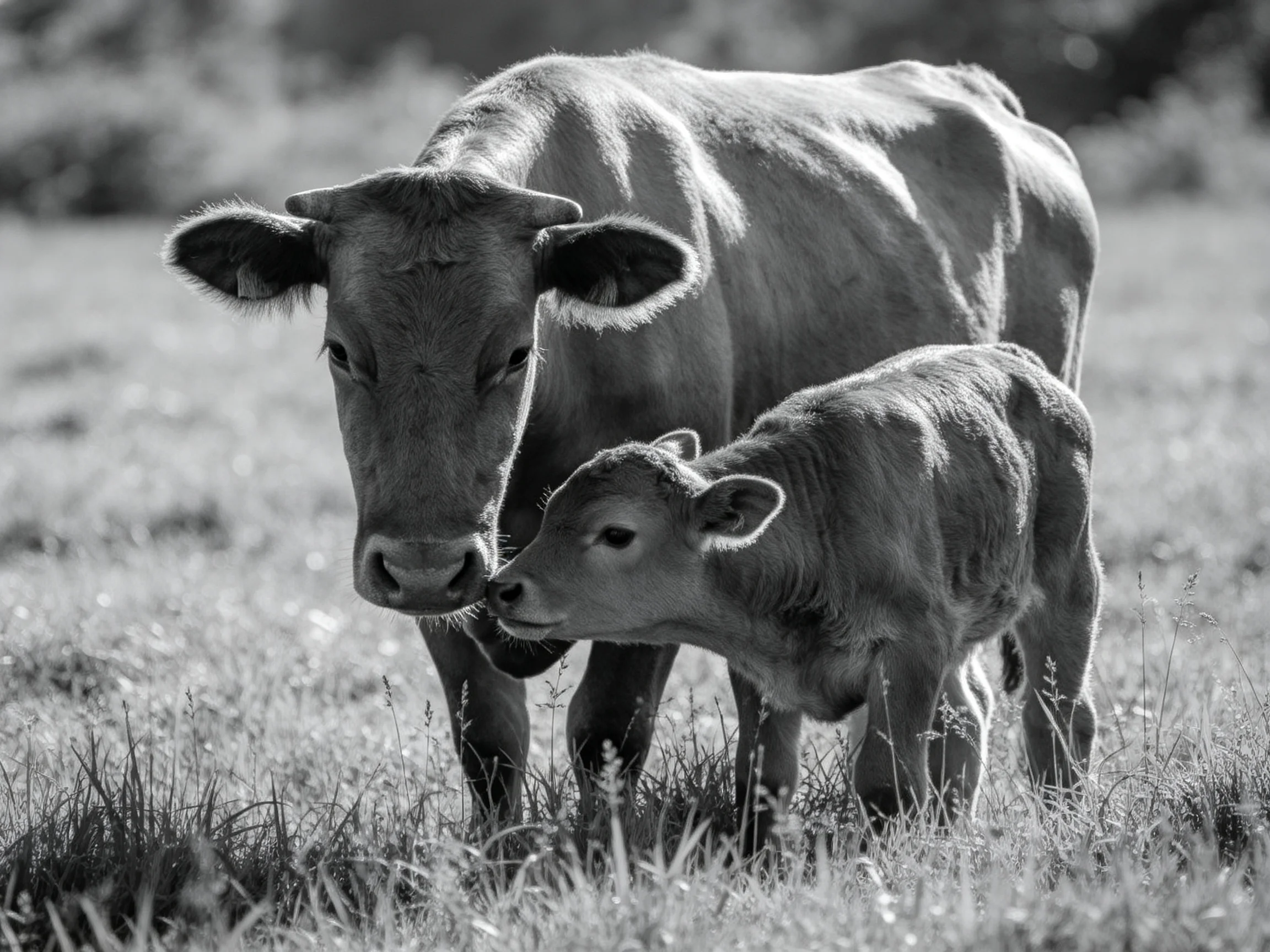 Two cows, one adult and one calf, in a grassy meadow