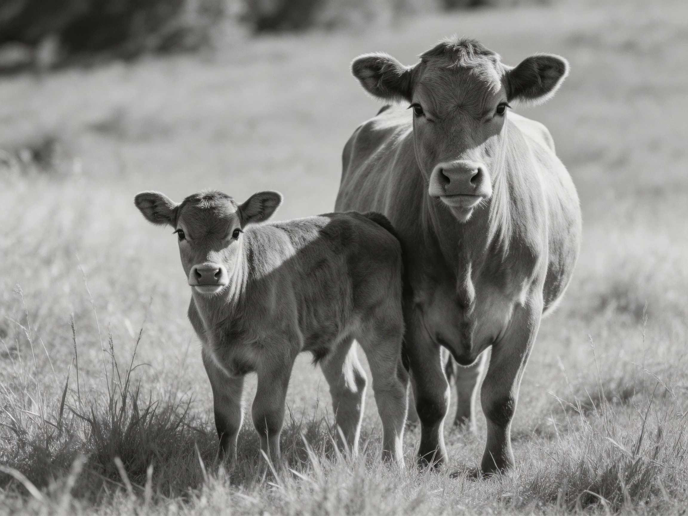 Two cows, one adult and one young, in a grassy meadow