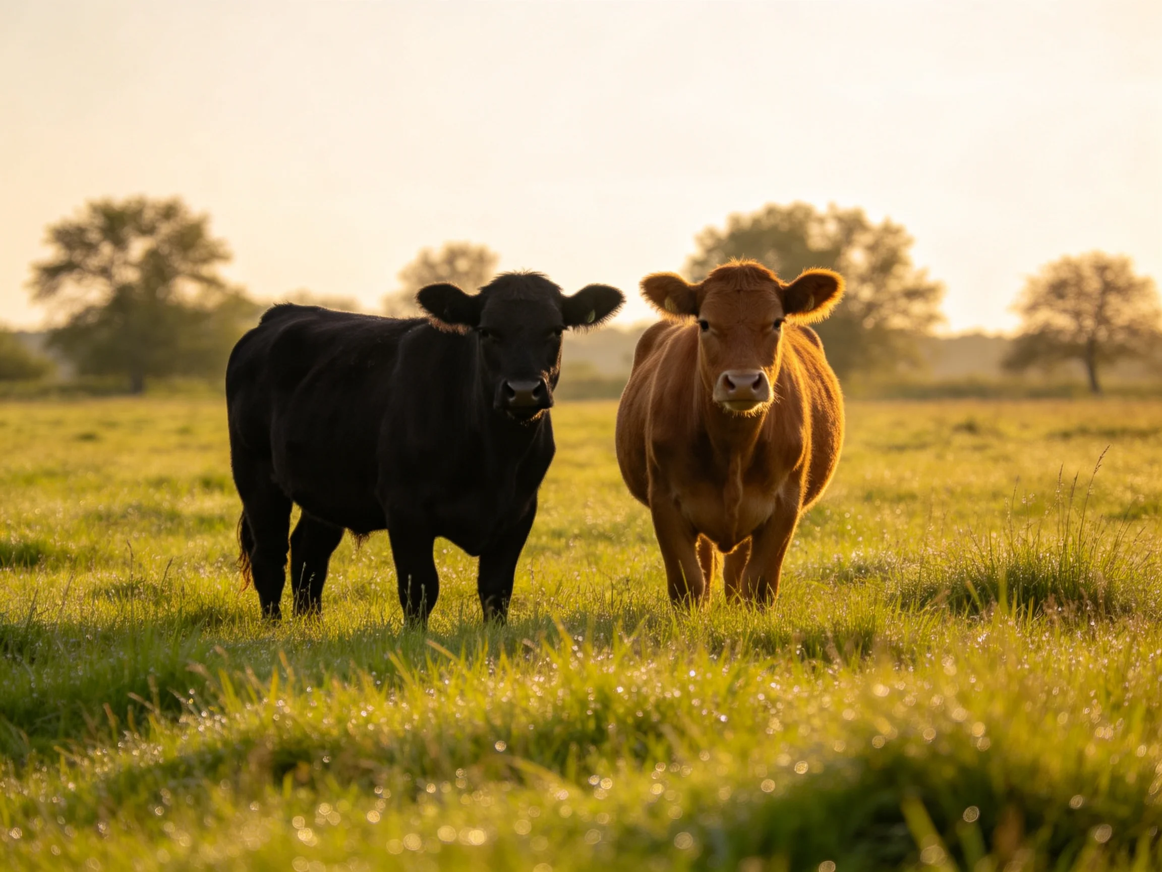 Two cows, one black and one brown, in a sunlit grassy field