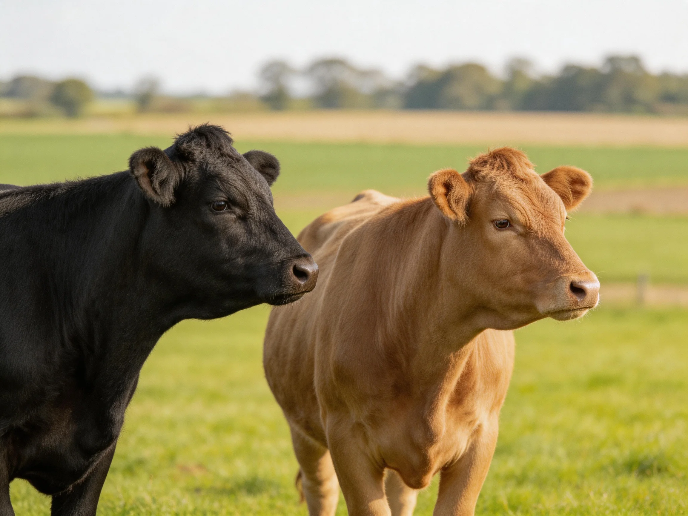 Two cows, one black and one tan, stand in a sunlit green pasture
