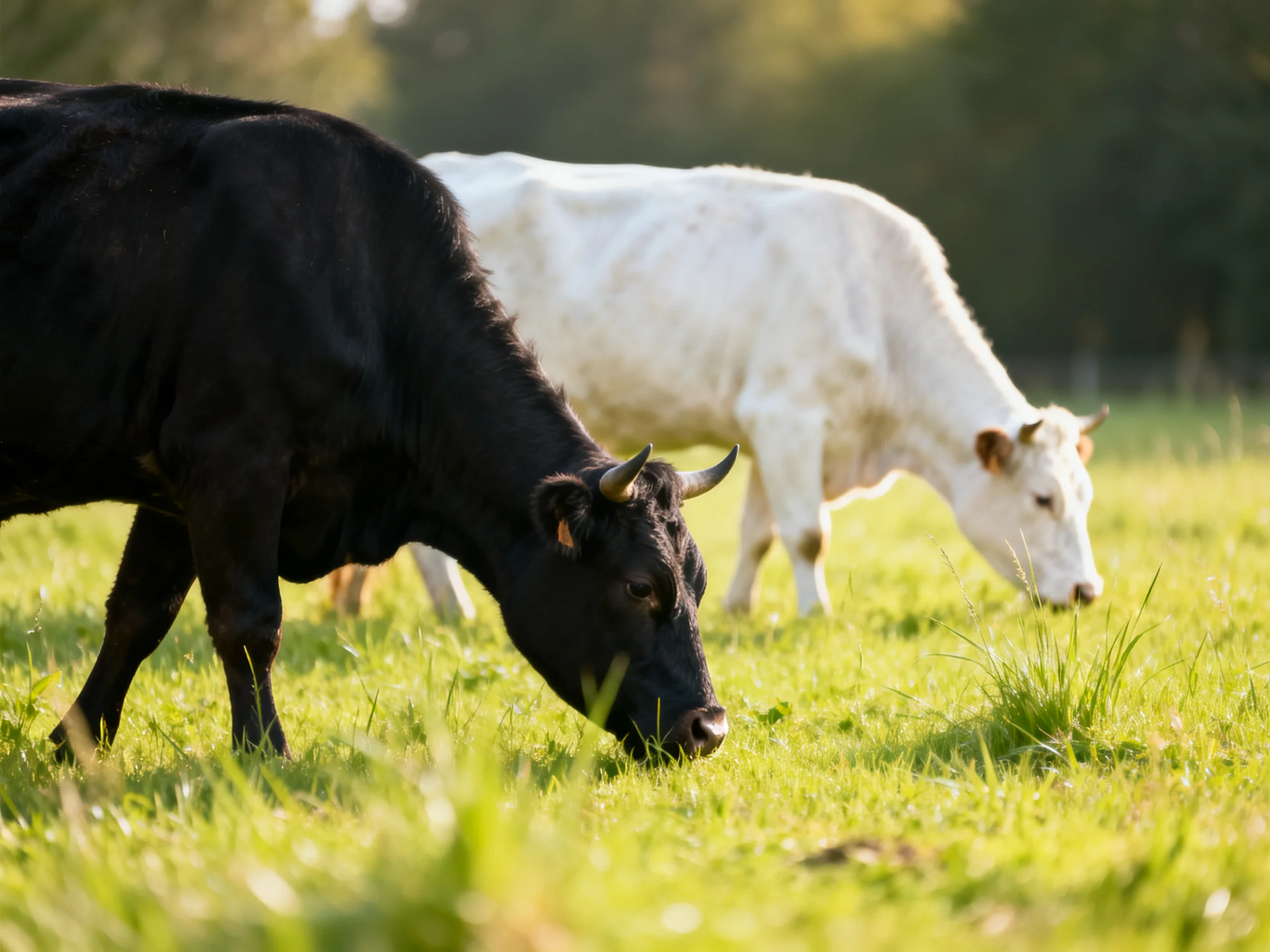 Two cows, one black and one white, graze in a sunlit green pasture.