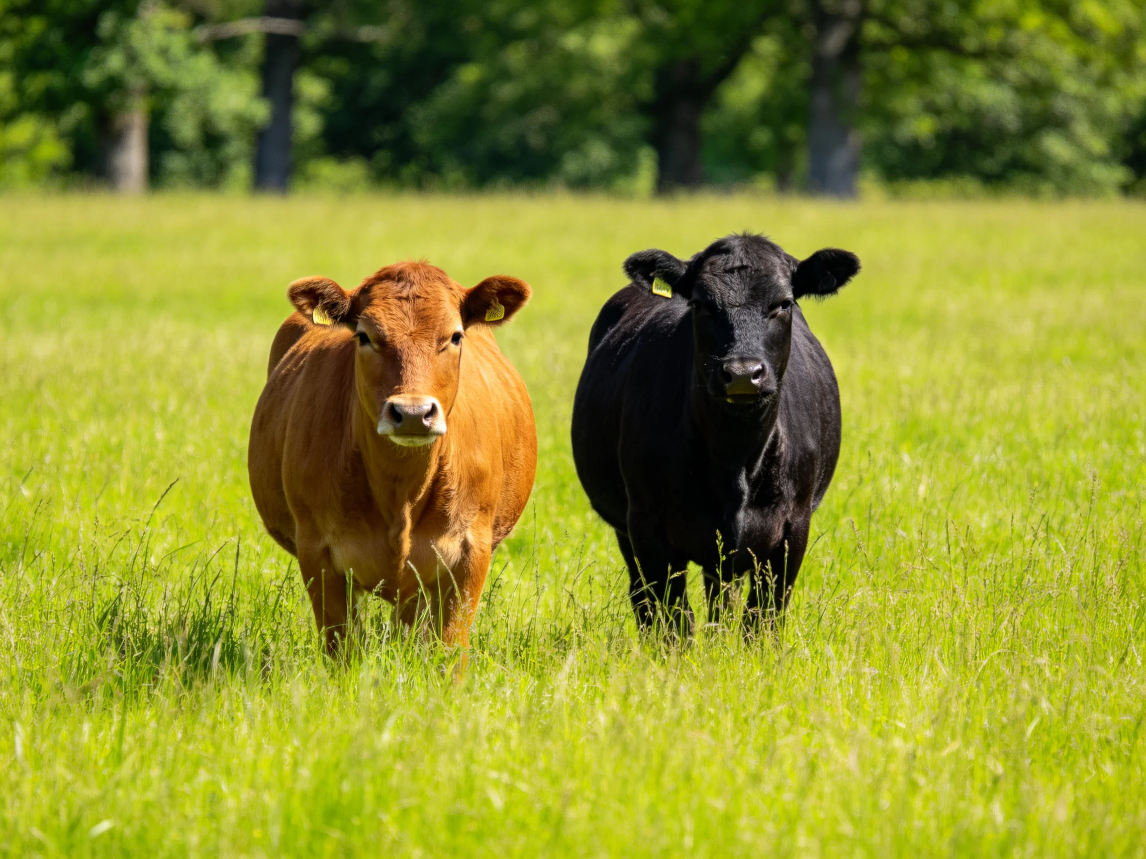 Two cows, one brown and one black, graze in a lush green pasture.