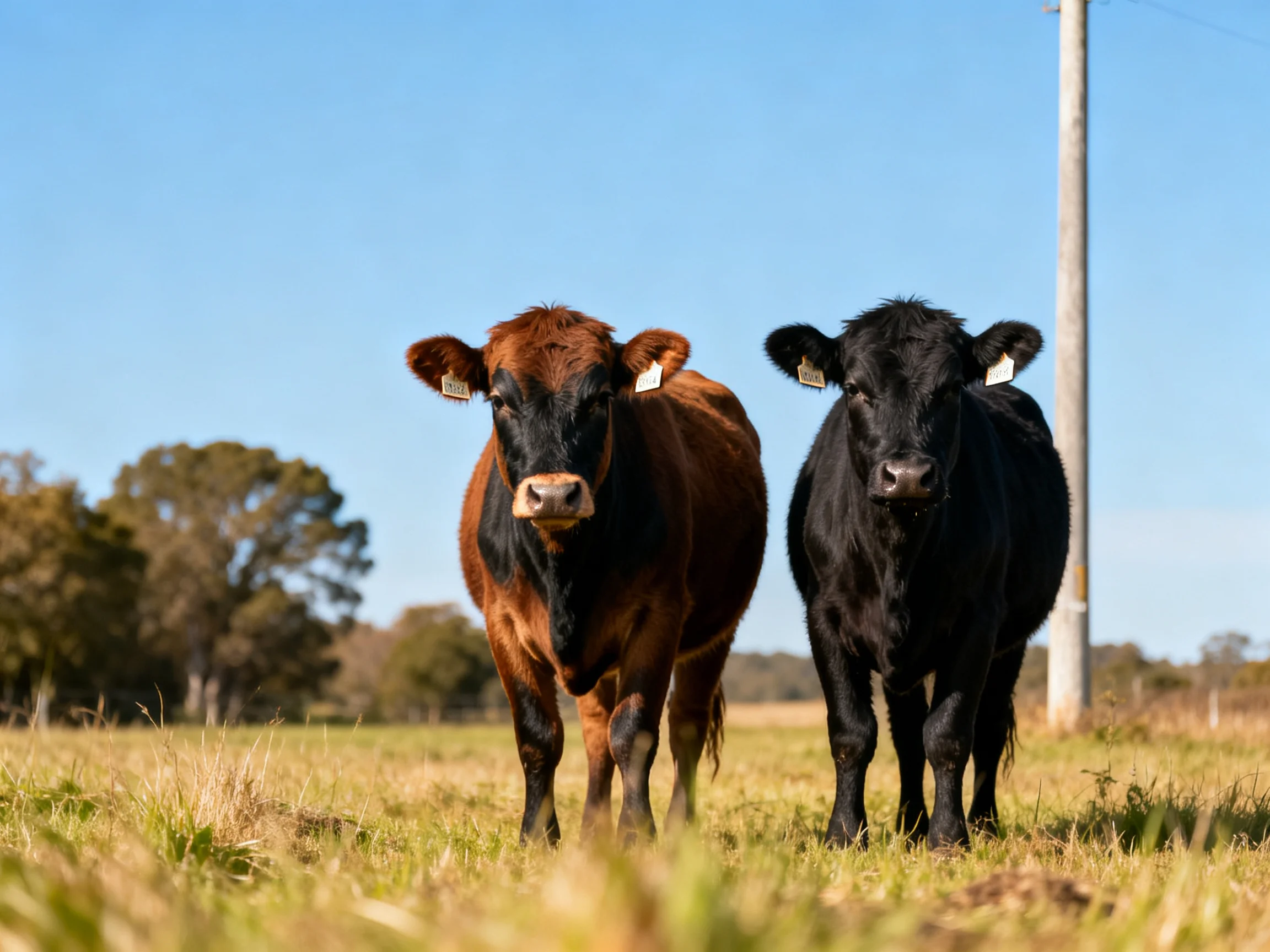 Two cows, one brown and one black, stand in a sunlit grassy field