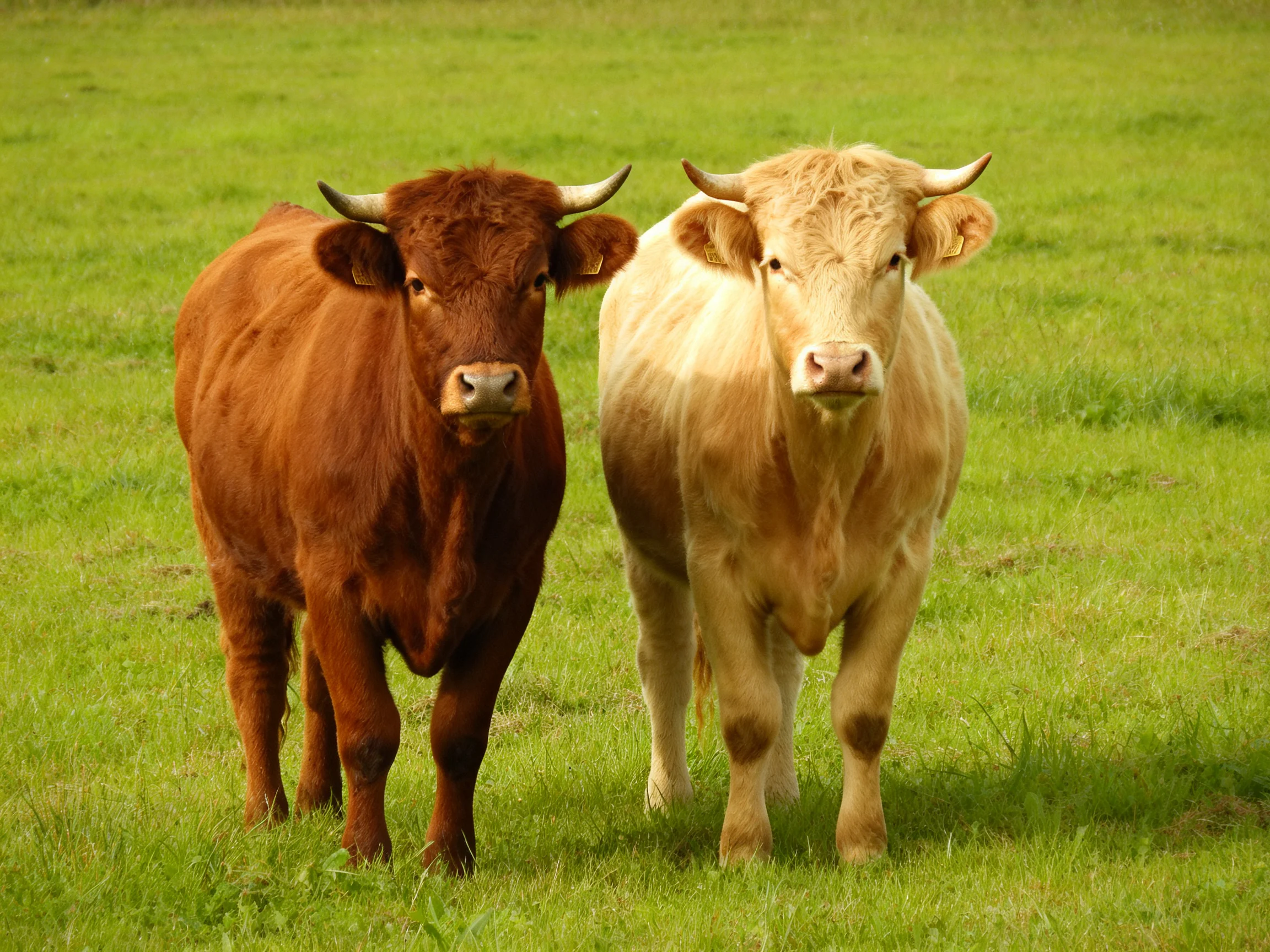 Two cows, one brown and one tan, in a lush green pasture
