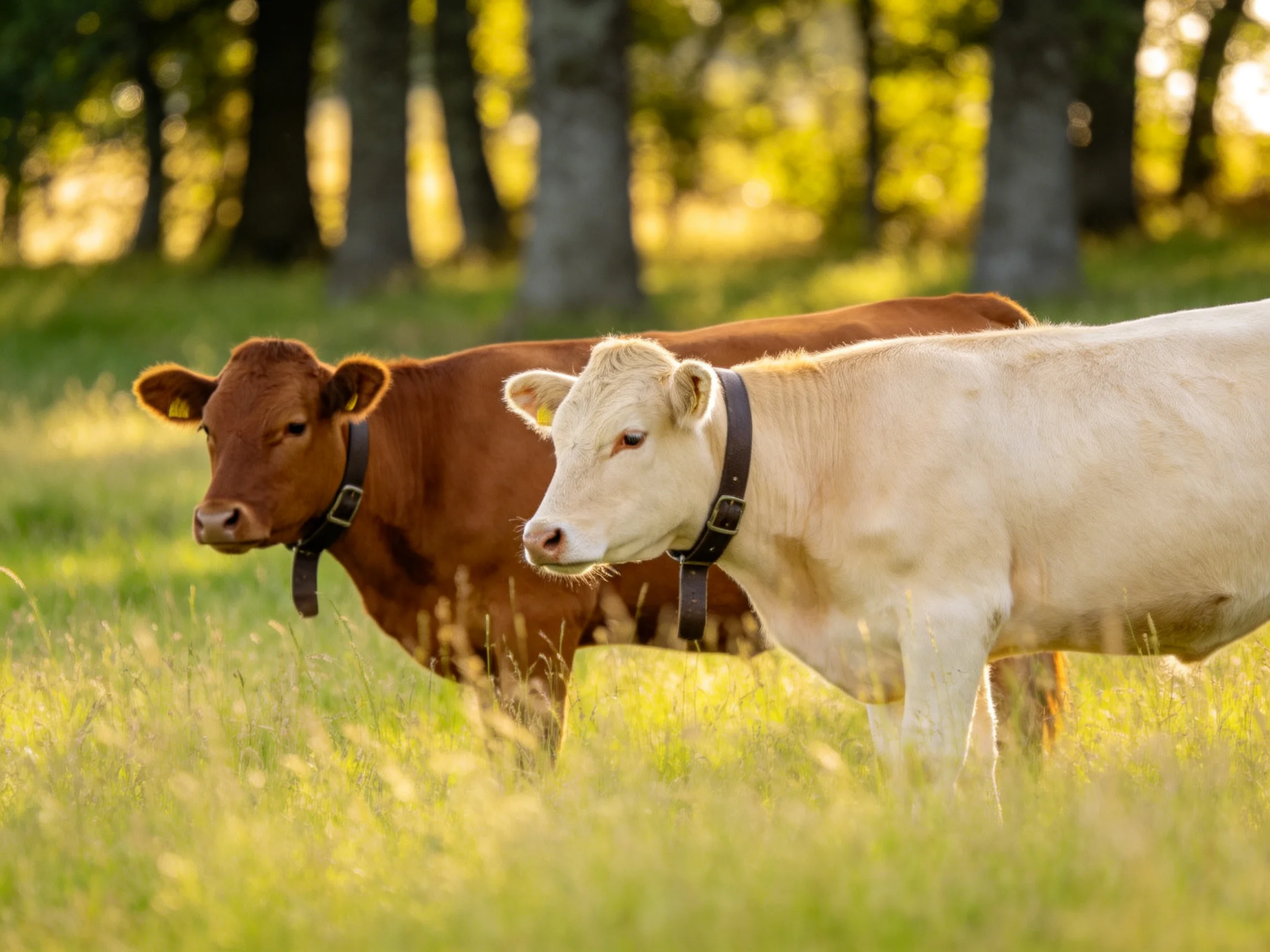 Two cows, one brown and one white, graze in a sunlit meadow near trees