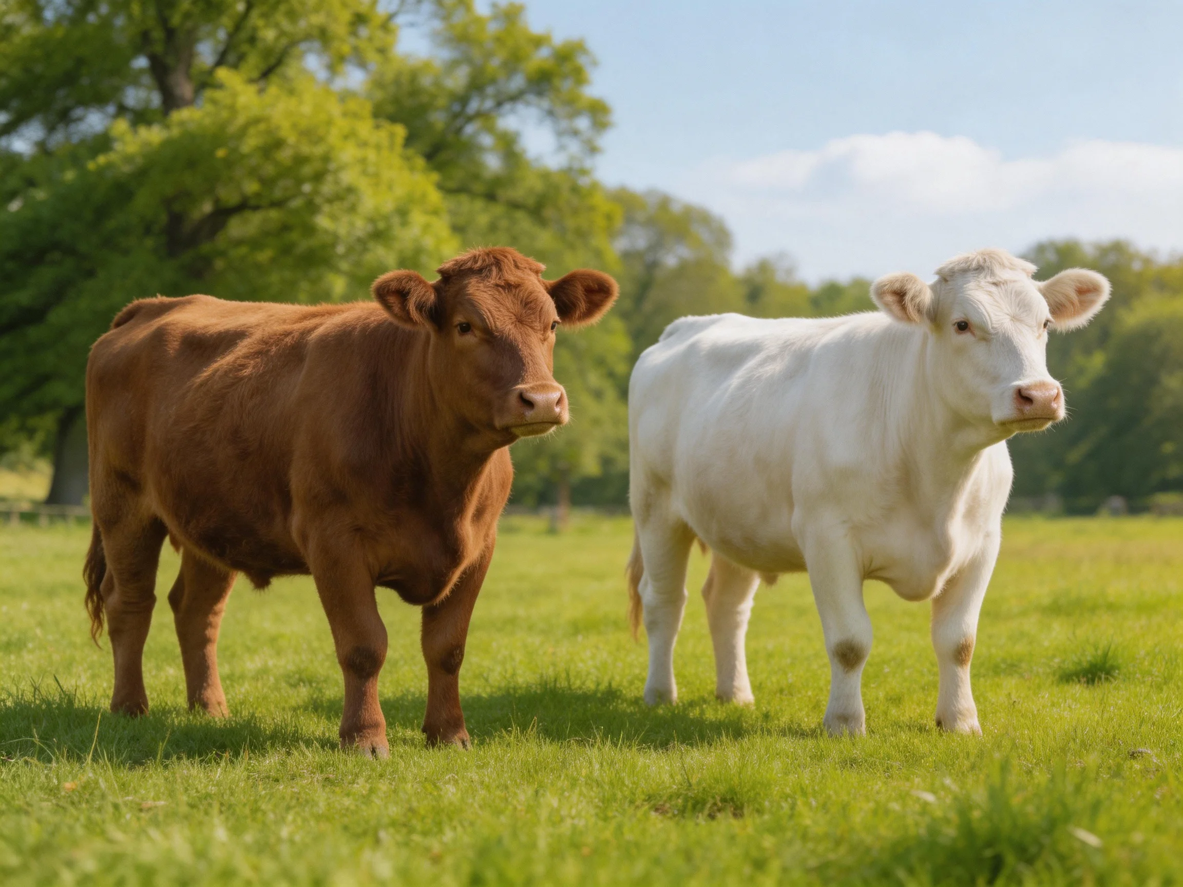 Two cows, one brown and one white, stand in a sunlit green pasture