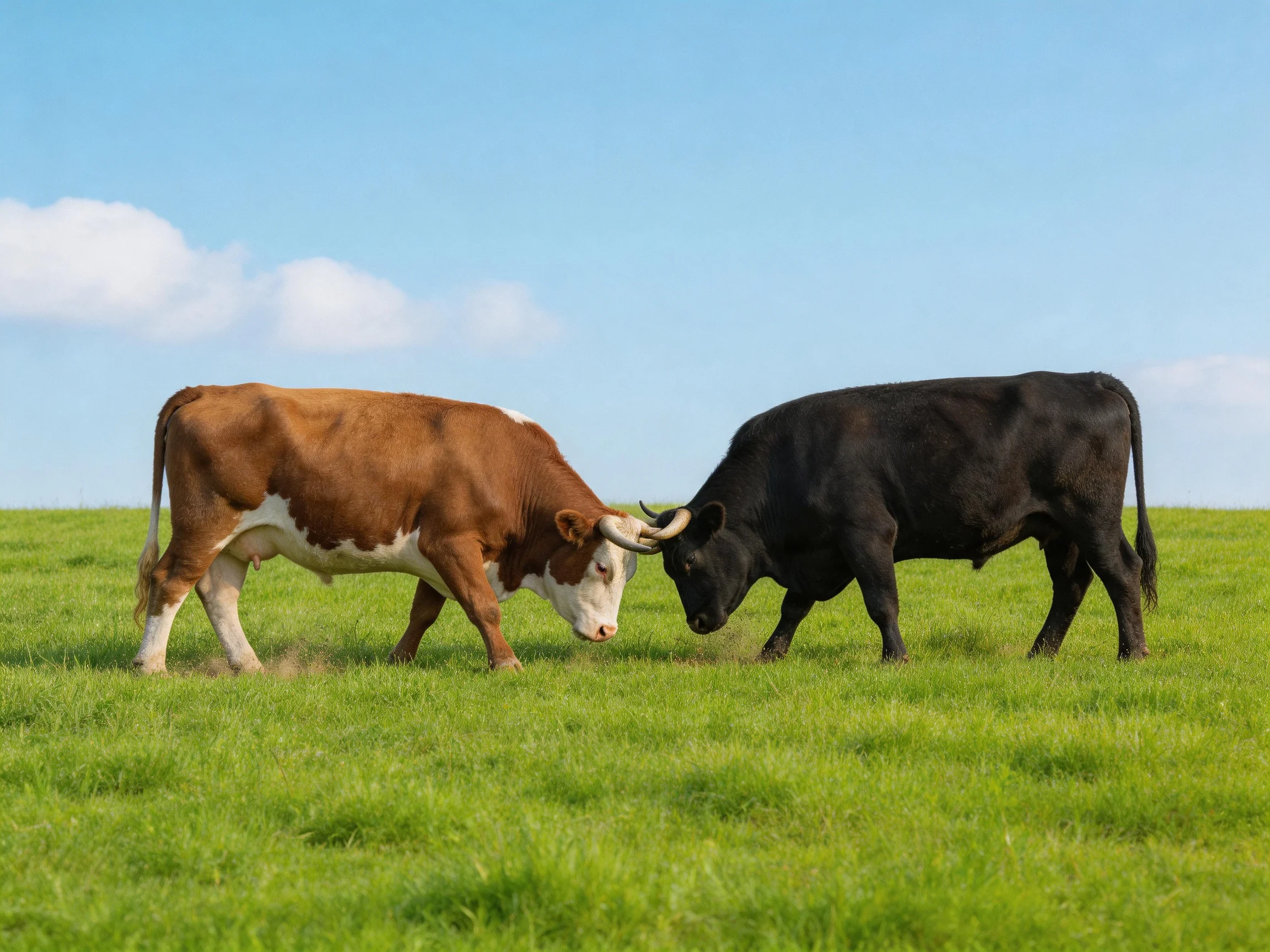 Two cows, one brown and white, one solid black, face each other in a green pasture