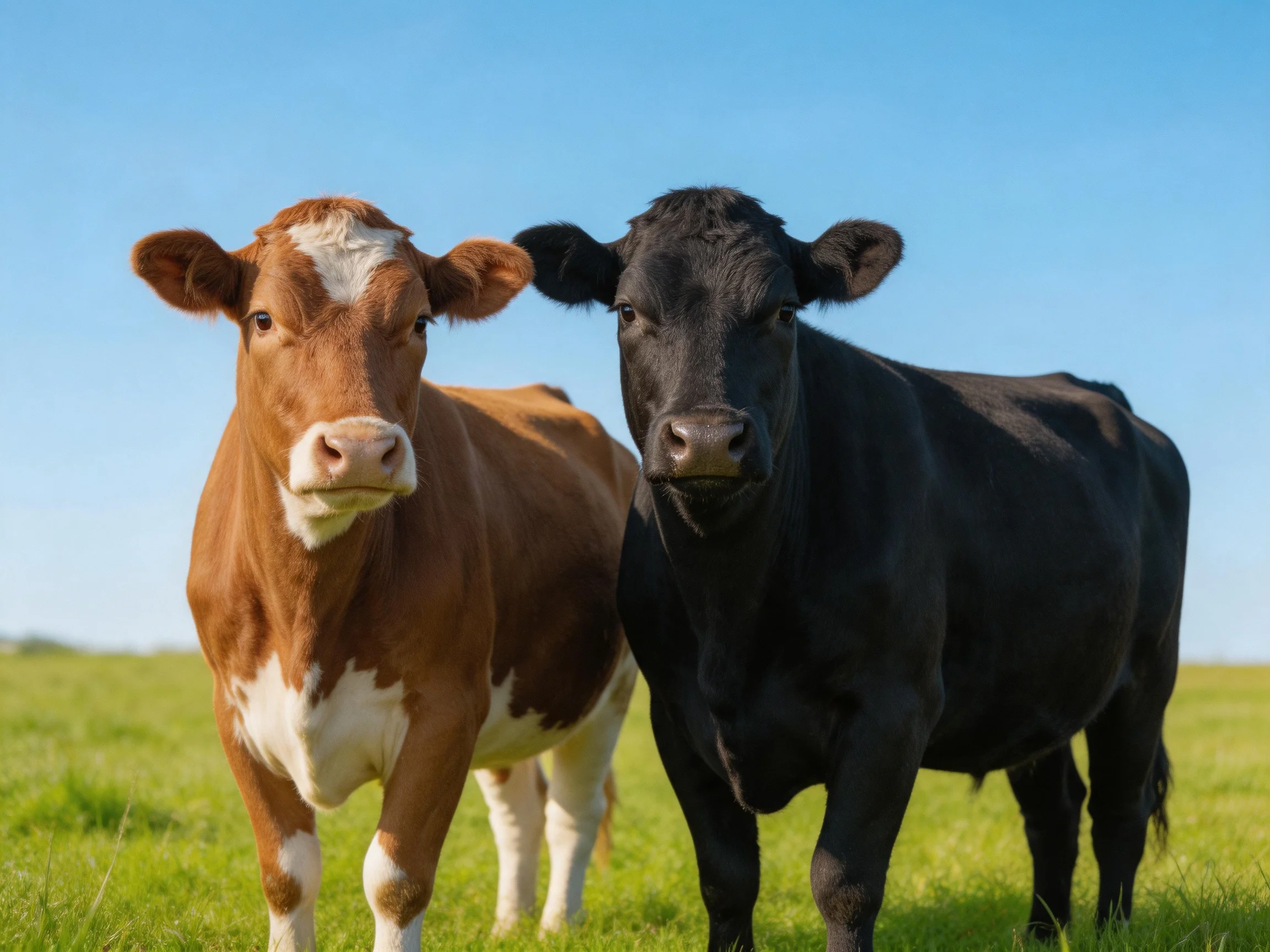 Two cows, one brown and white, one solid black, in a grassy field