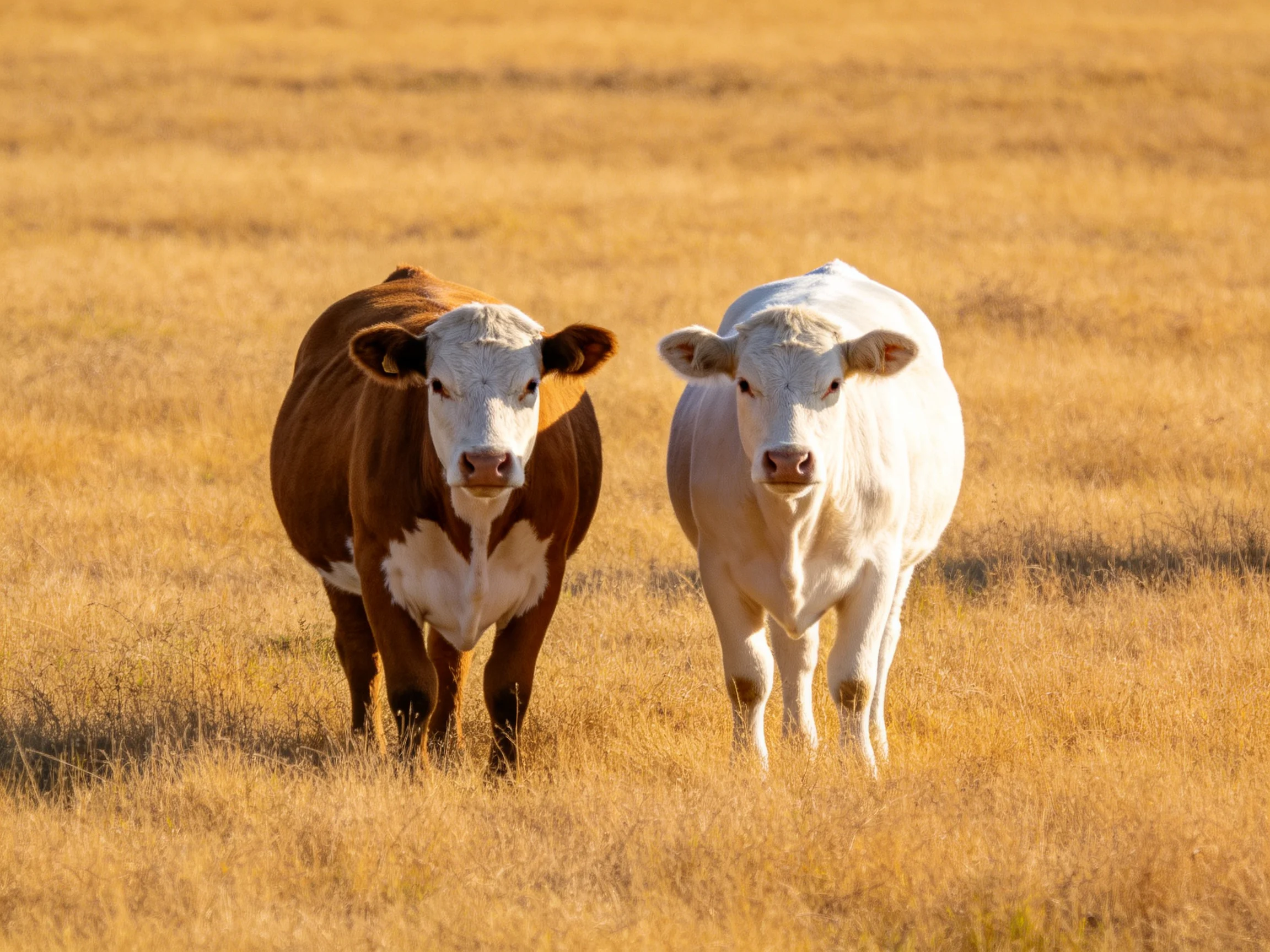 Two cows, one brown and white, one solid white, in a golden field