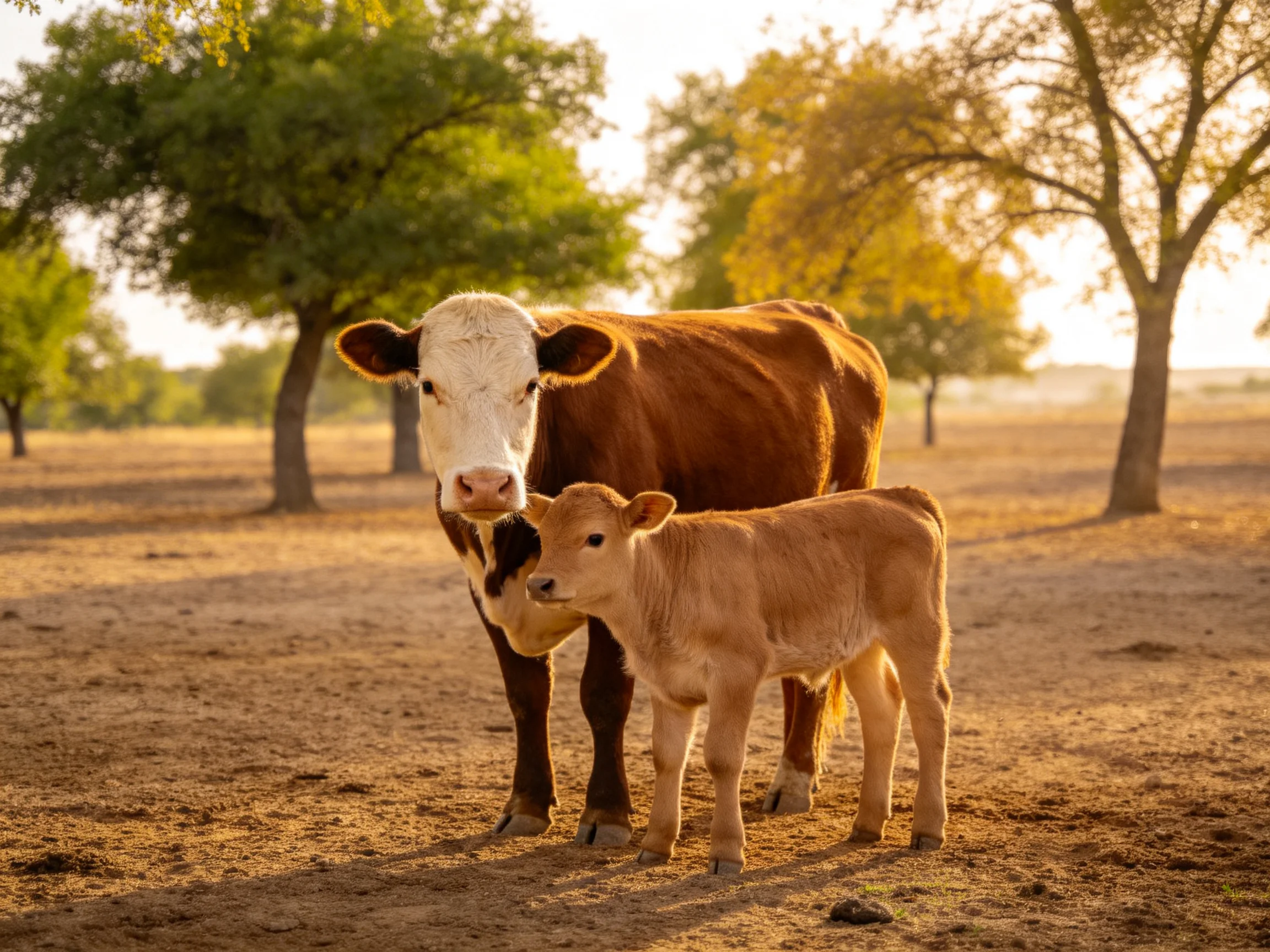 Two cows, one brown-and-white, one tan, stand in a sunlit field with trees