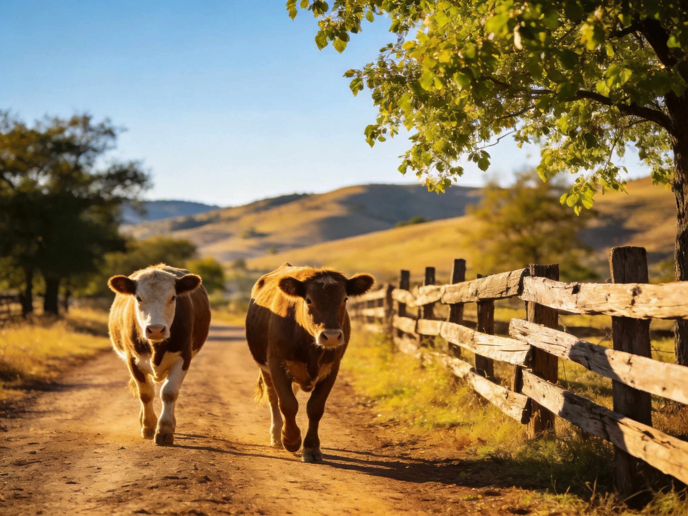 Two cows—one brown, one brown and white—stroll along a dusty country road near a wooden fence.