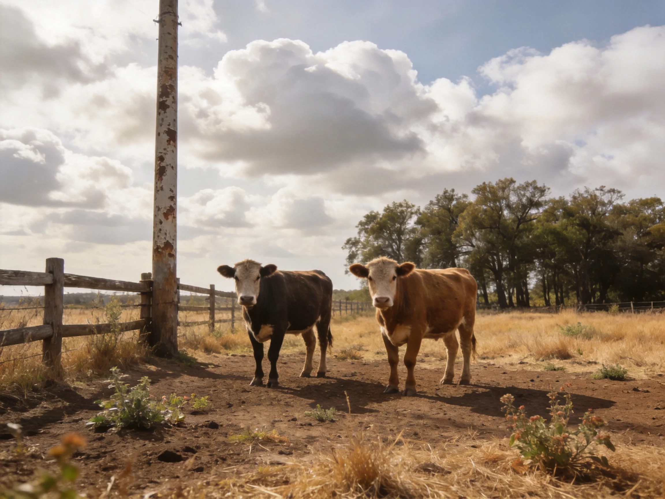 Two cows, one brown, one dark, near a weathered fence under cloudy skies