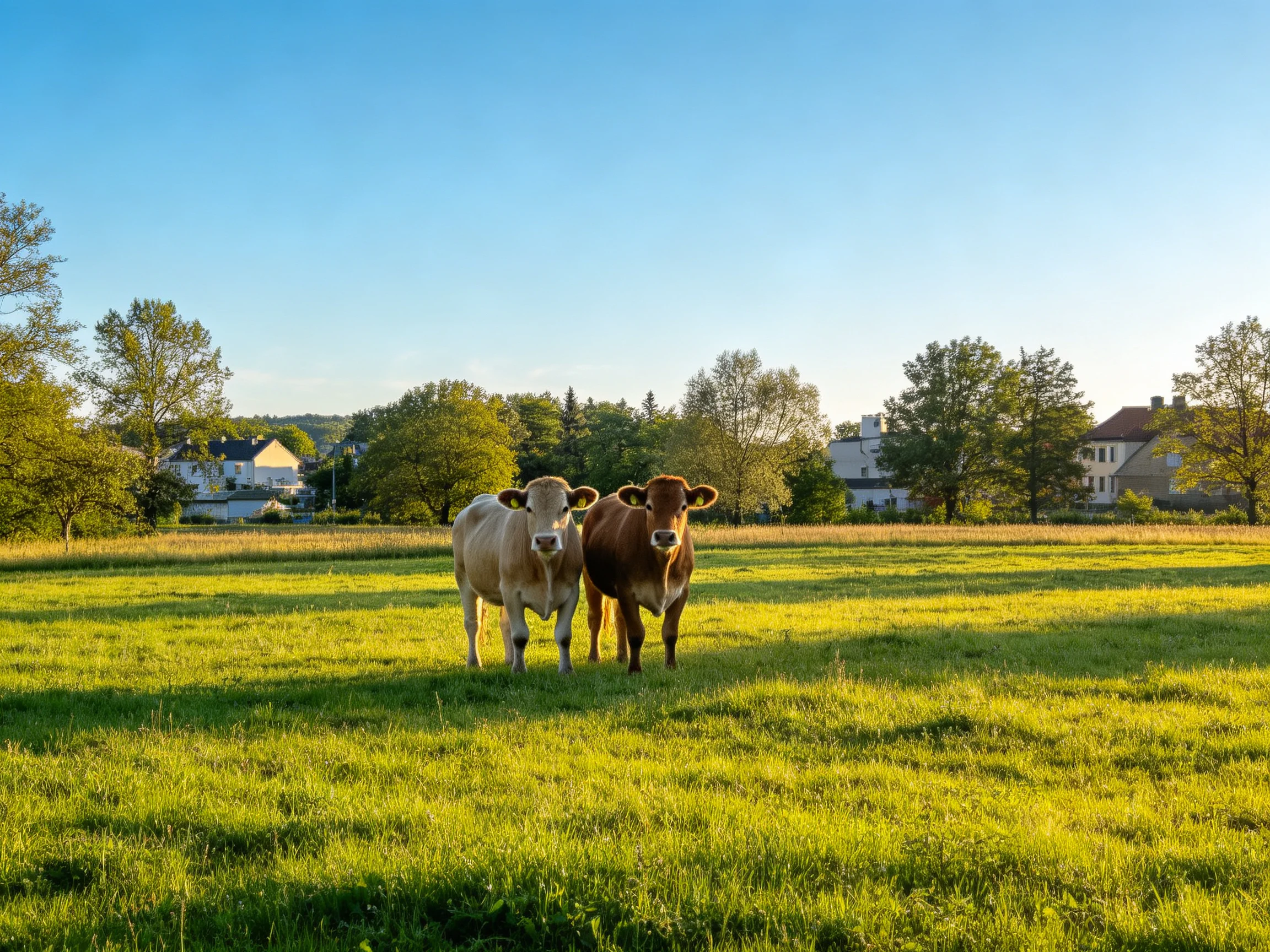 Two cows, one light and one brown, stand in a sunlit green pasture near homes
