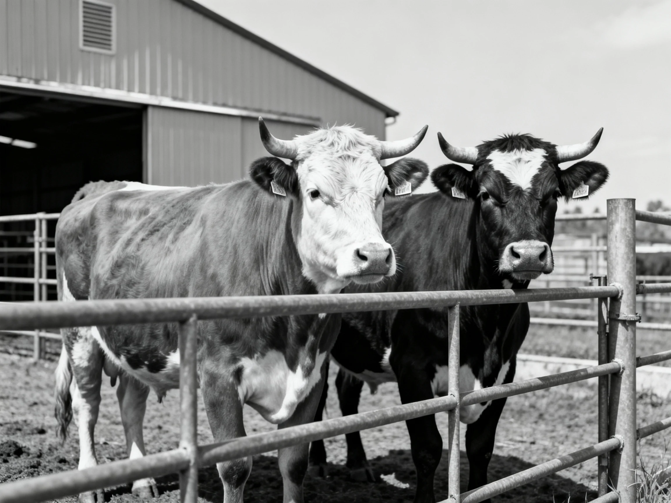 Two cows, one light-coated and one dark, stand behind a metal fence near an open barn
