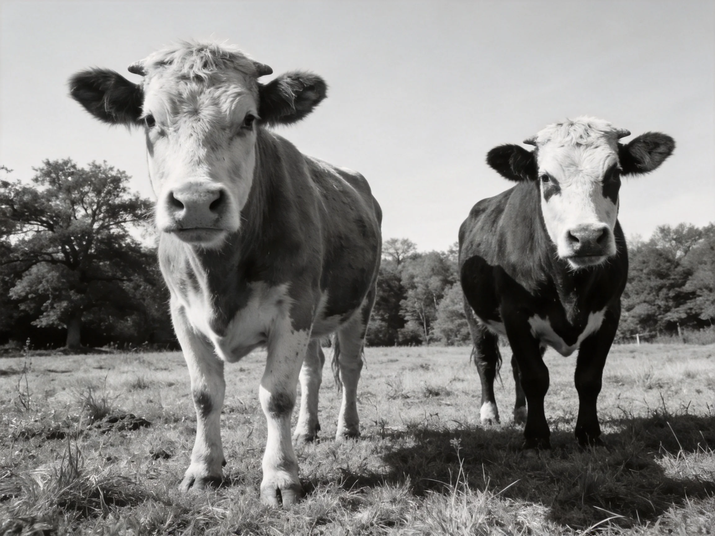 Two cows, one light-toned, one dark, in a grassy field