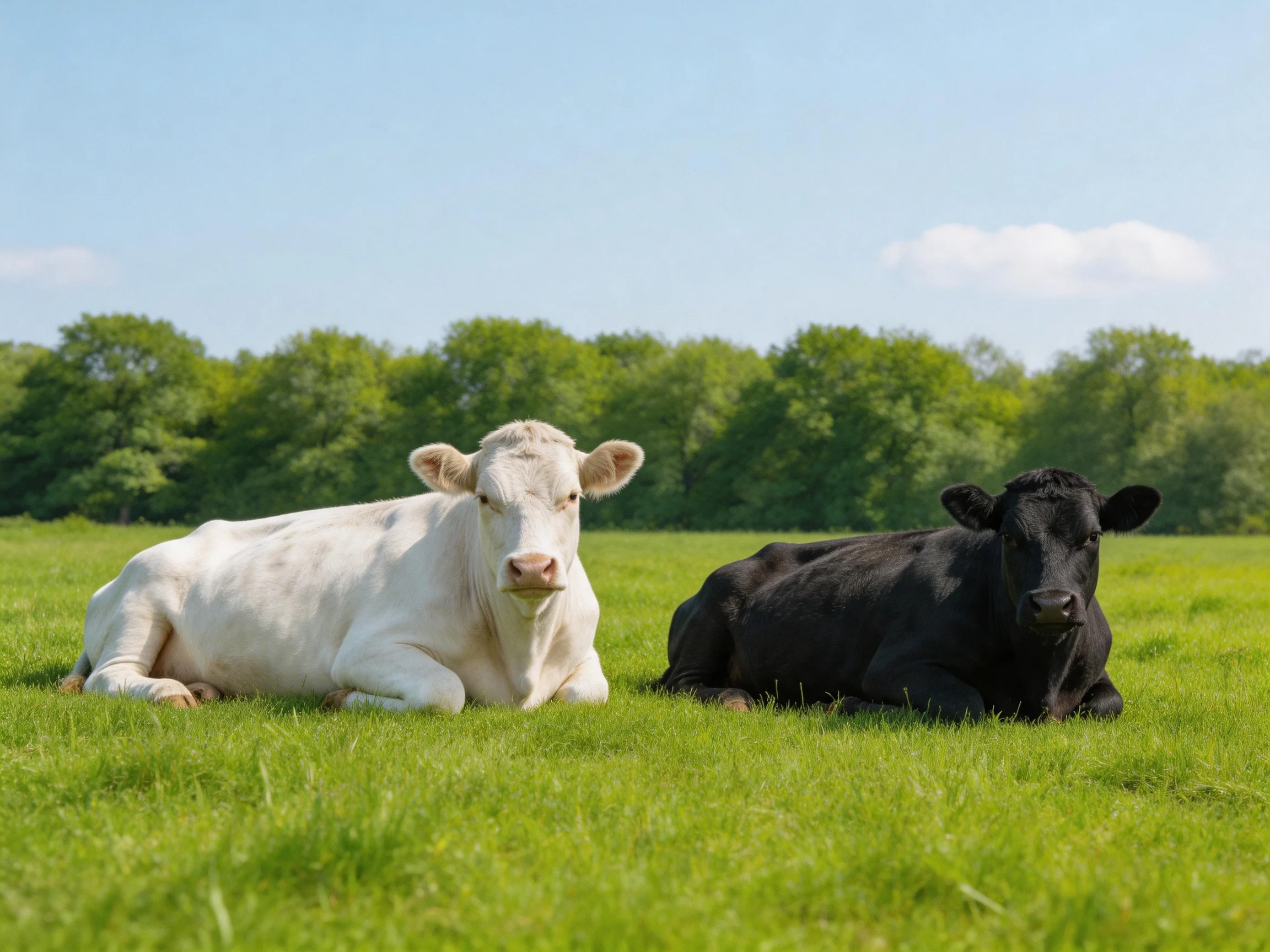 Two cows, one white and one black, rest in a green meadow