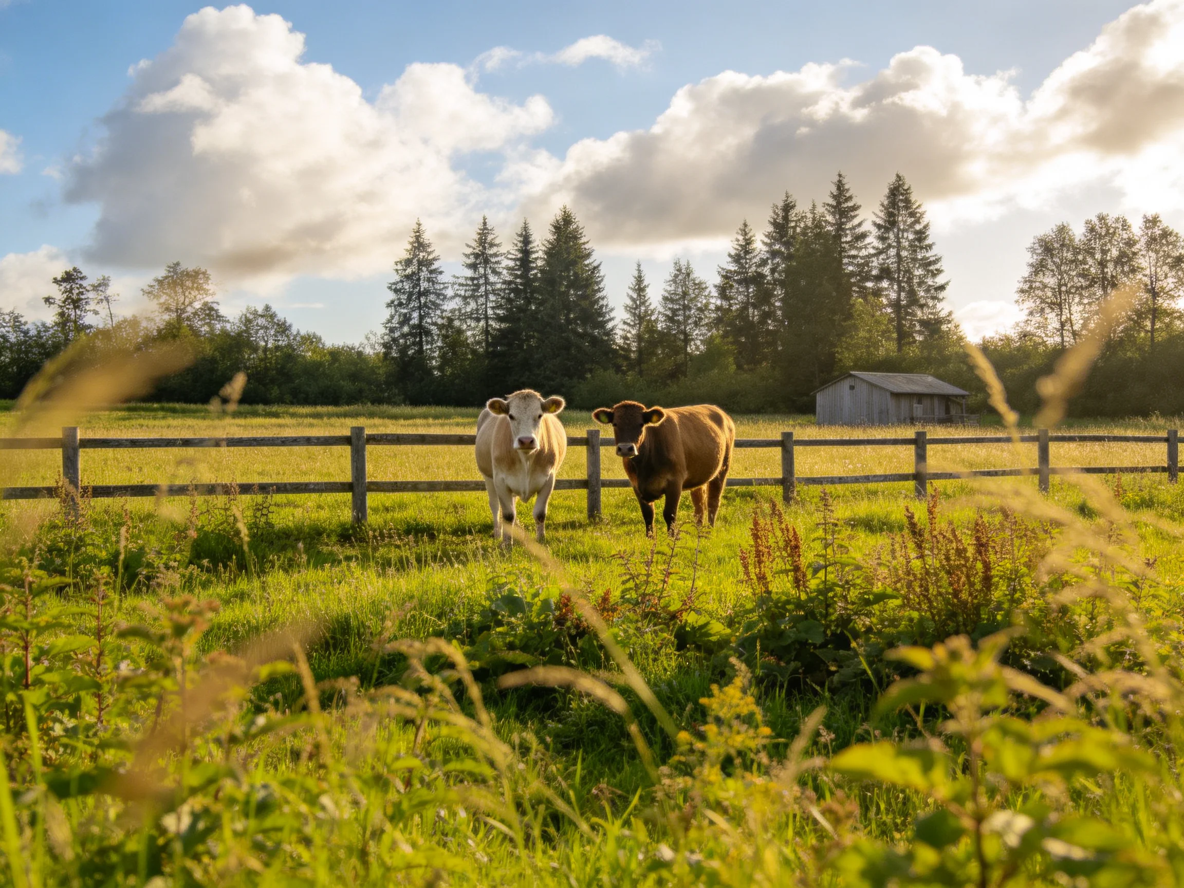 Two cows, one white and one brown, near a wooden fence in a sunlit green pasture