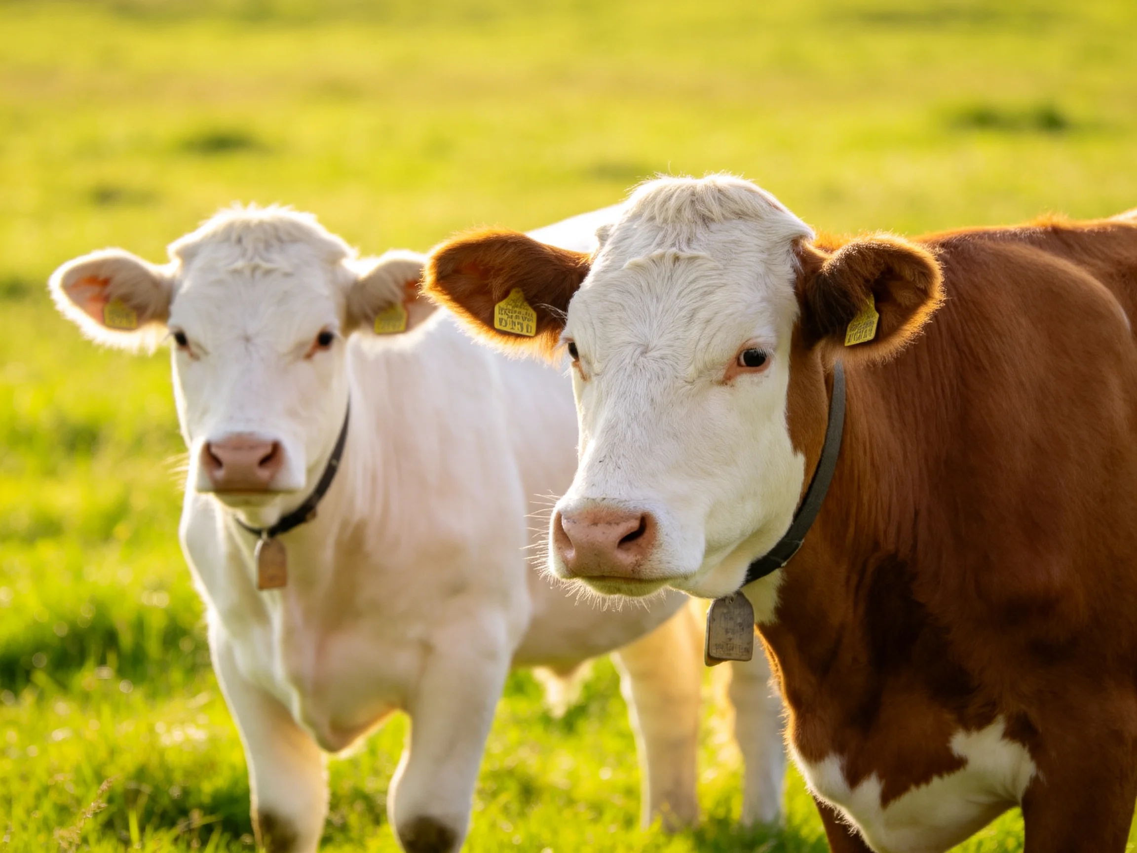 Two cows, one white and one brown, stand in a sunlit meadow