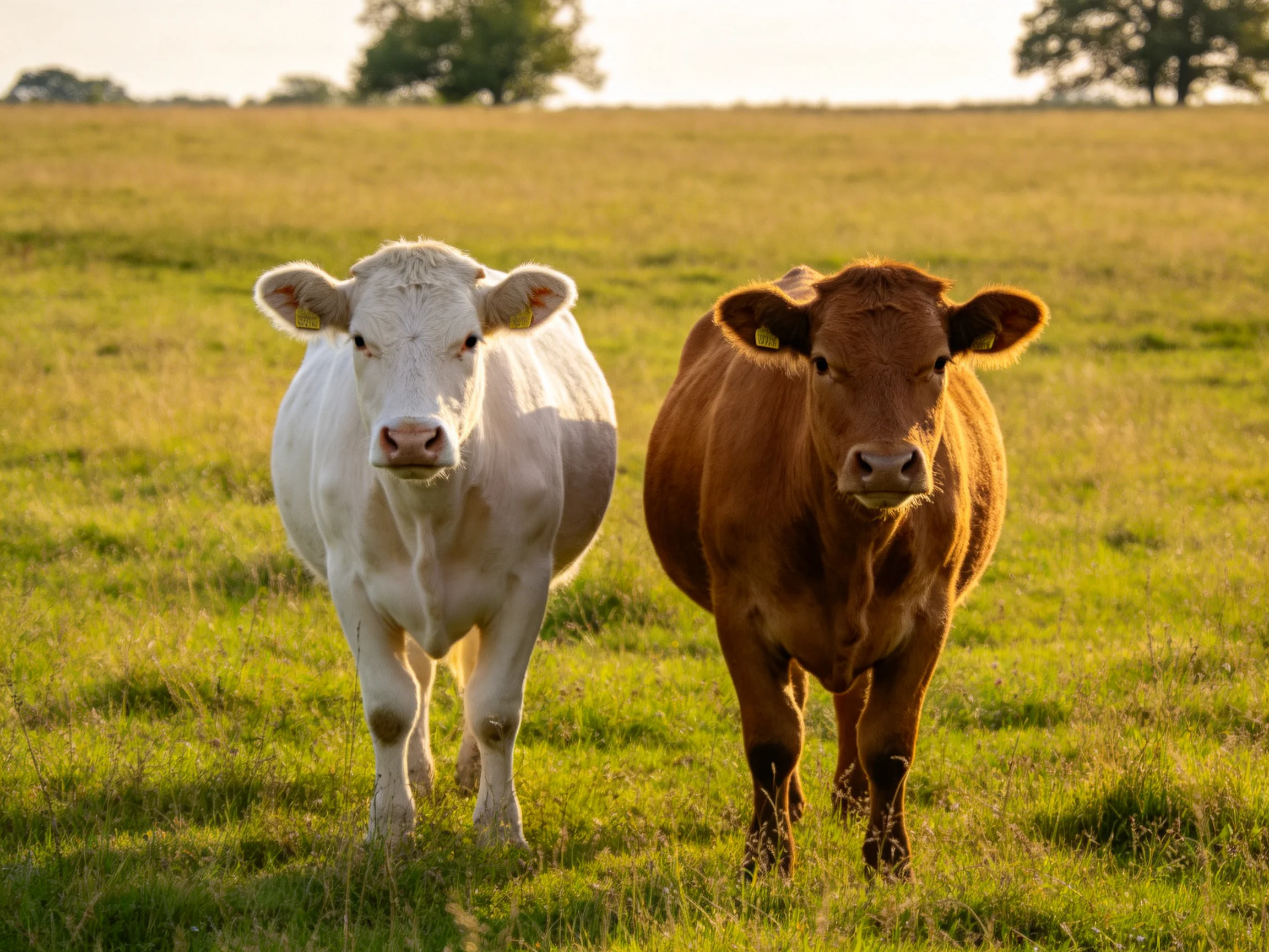 Two cows, one white and one brown, stand in a sunlit pasture