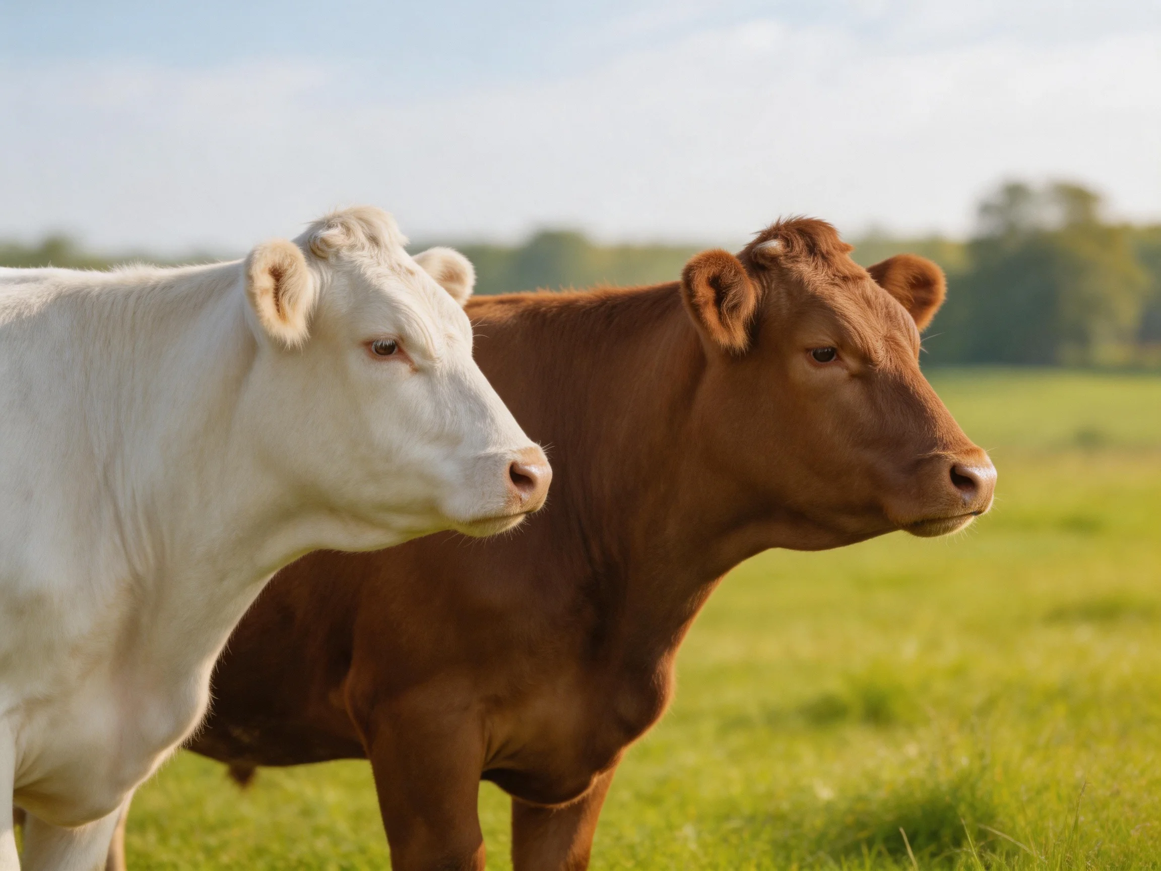 Two cows, one white and one brown, stand in a sunlit pasture