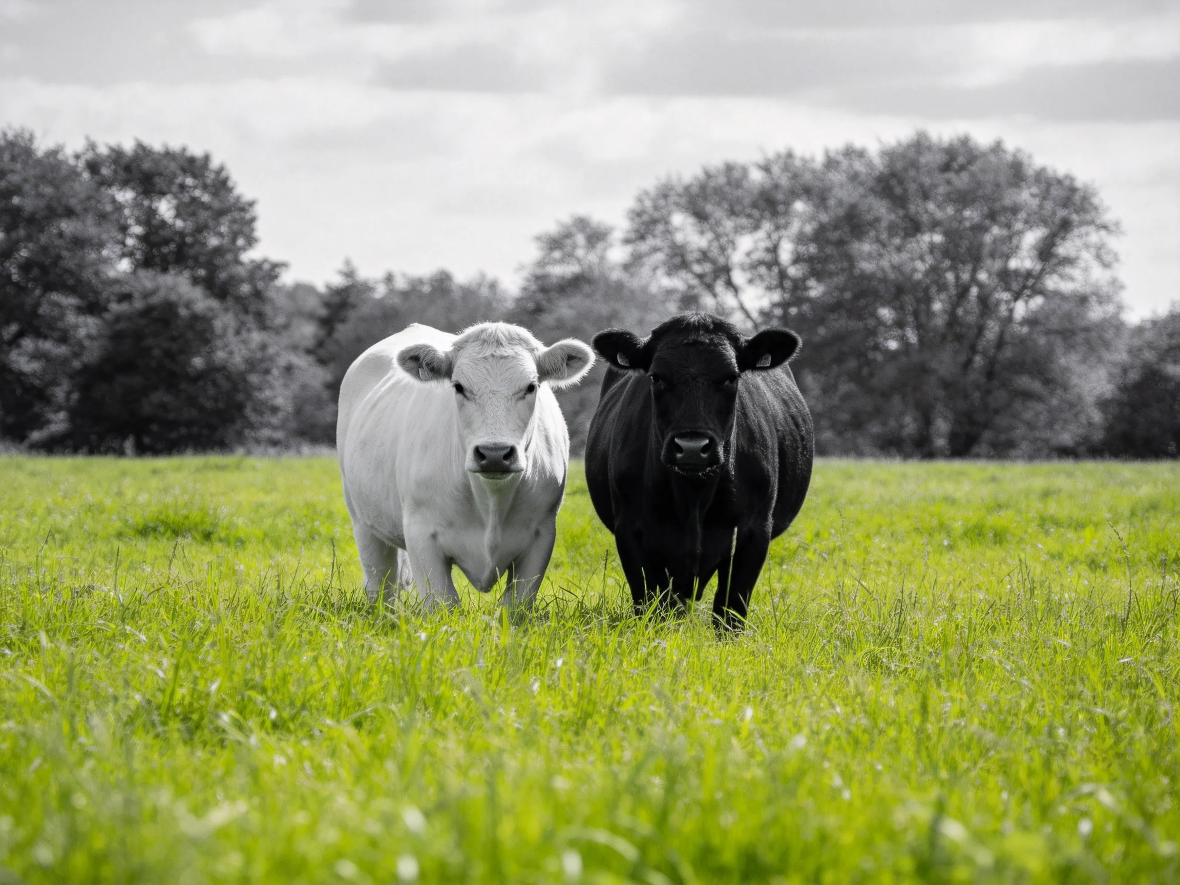 Two cows, one white one black, stand in a lush green meadow