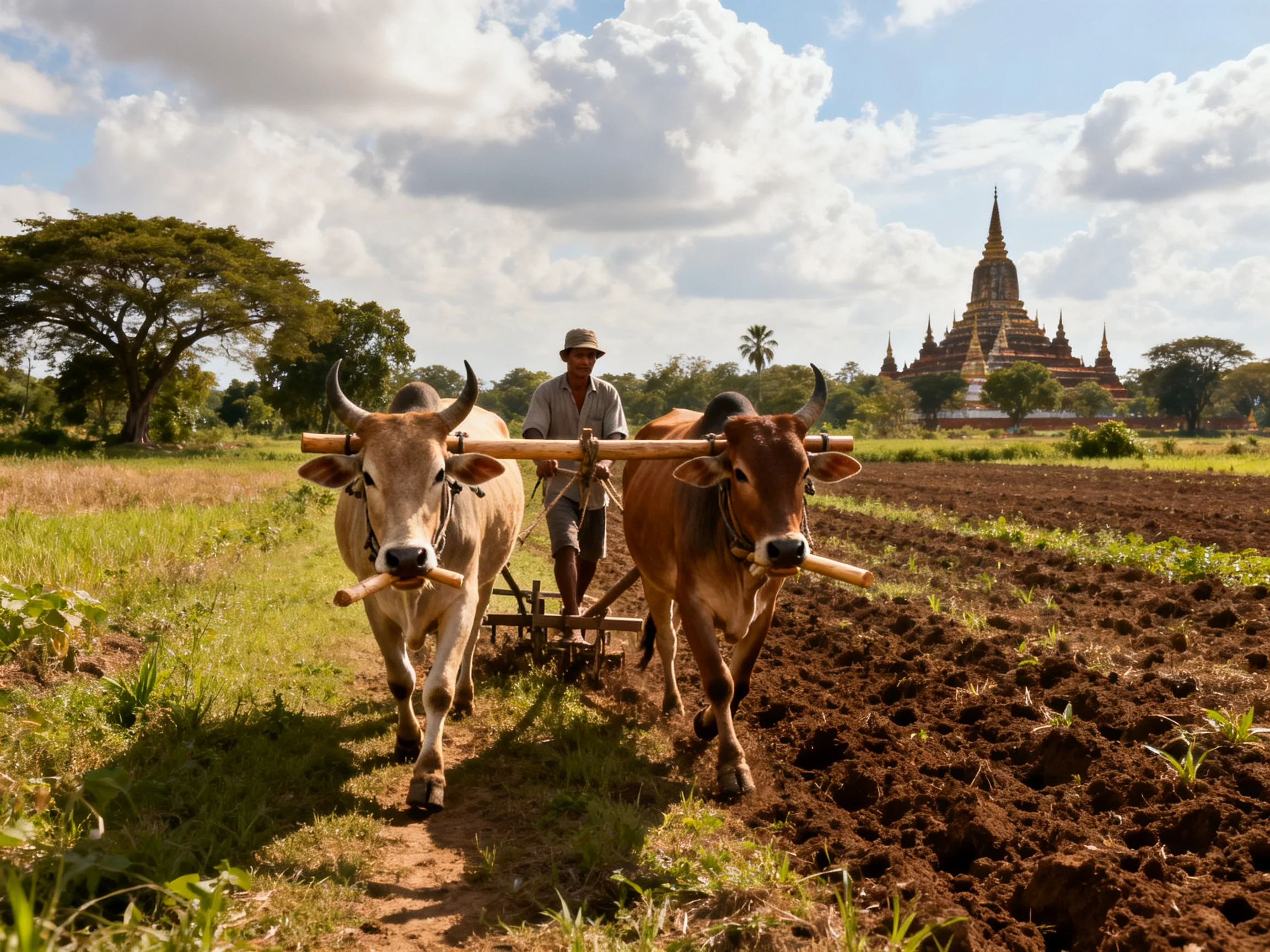 Two cows pull a wooden plow near an ancient golden temple in a green field