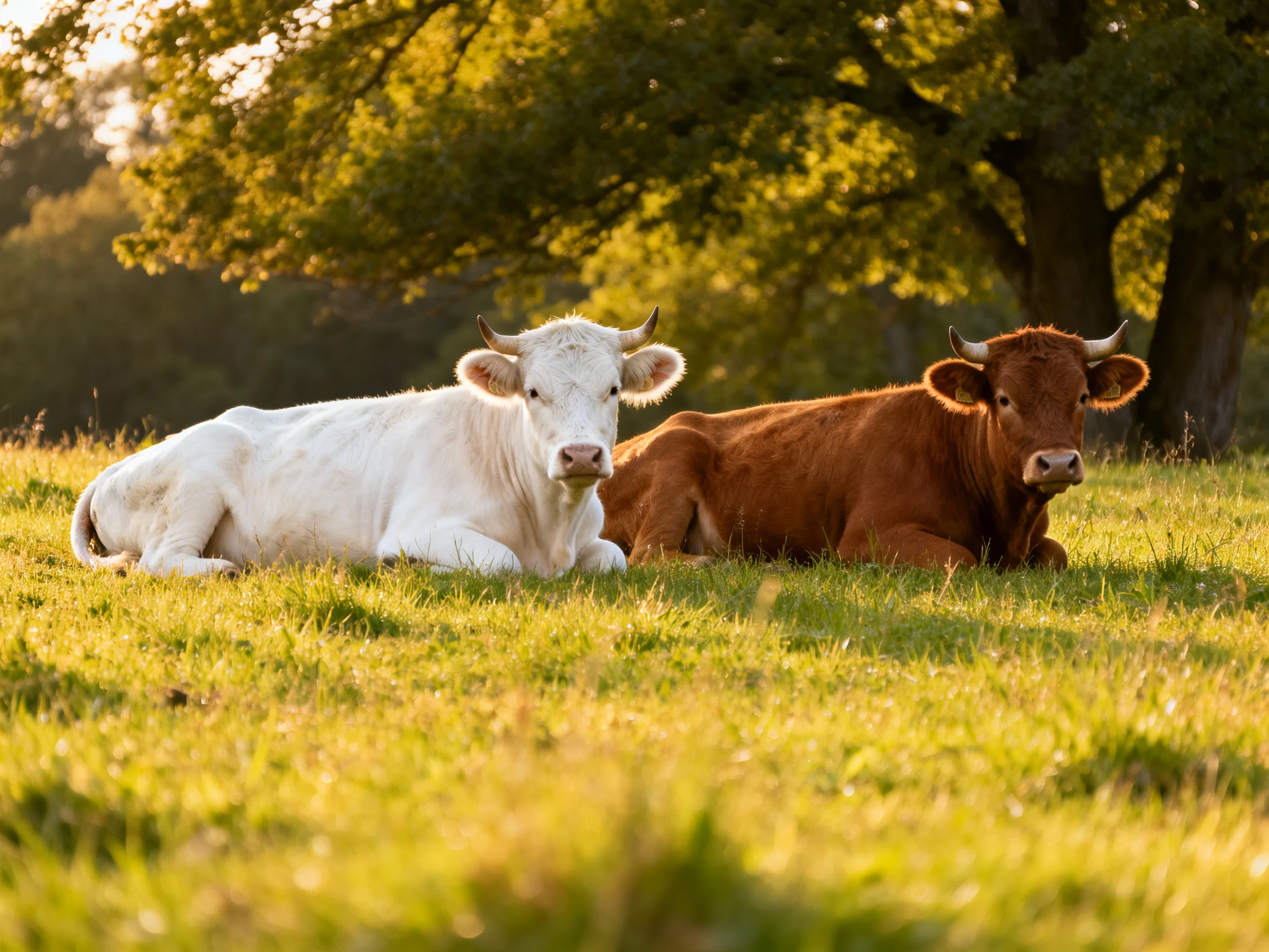 Two cows rest in a sunlit meadow with large trees nearby