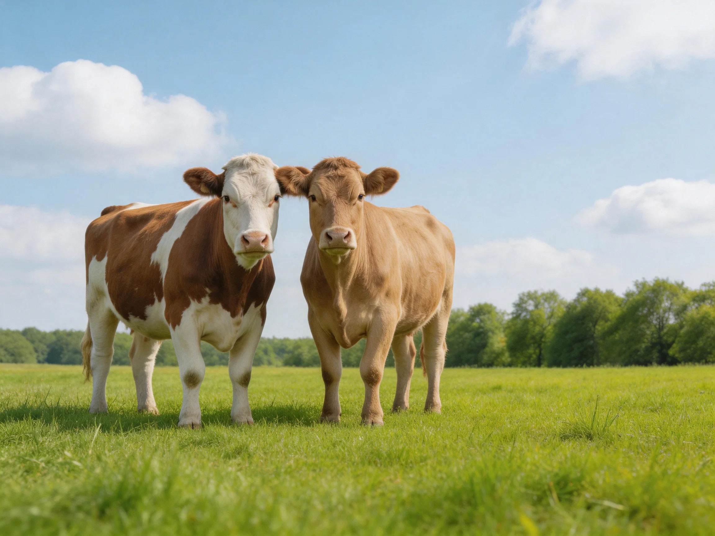 Two cows stand close in a lush green pasture under clear blue skies