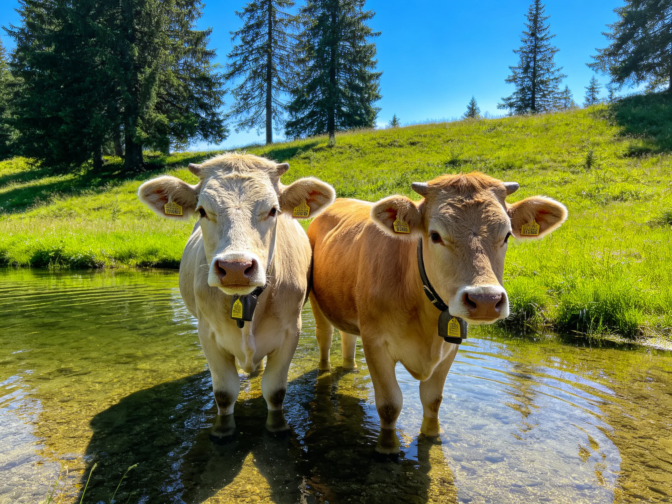 Two cows stand in a clear stream amid a lush green landscape