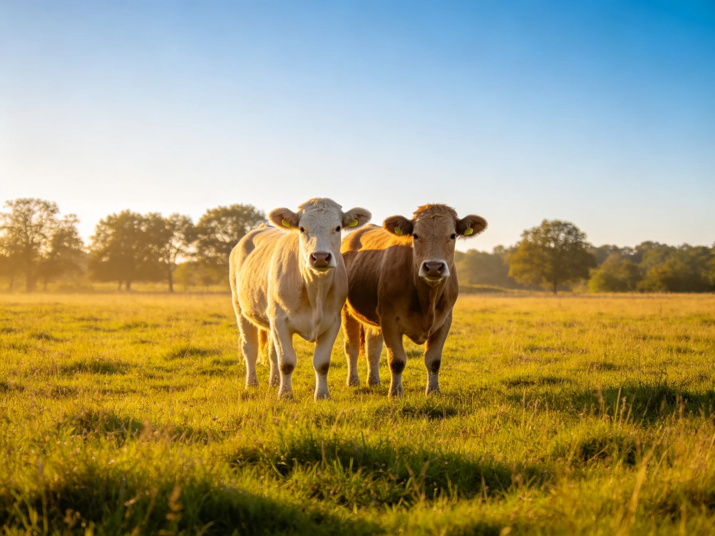 Two cows stand together in a sunlit pasture with trees in the distance.