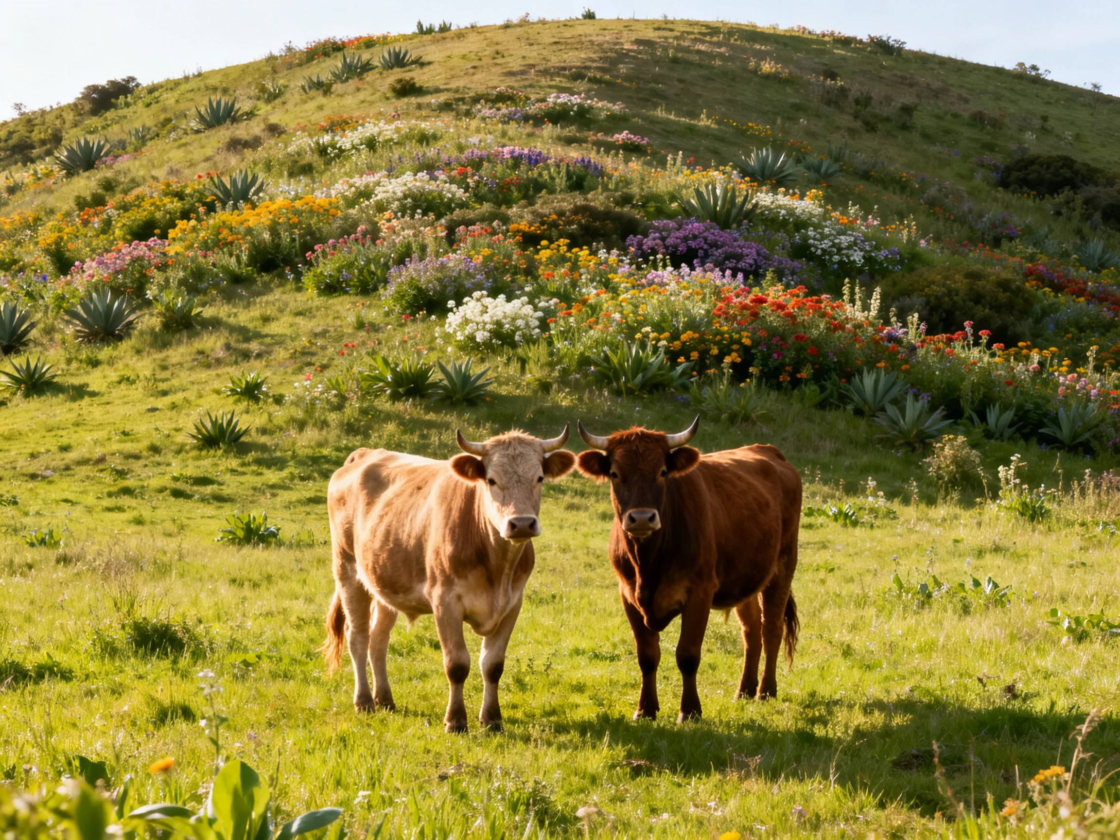 Two cows stand in a vibrant meadow with colorful wildflowers and rolling hills