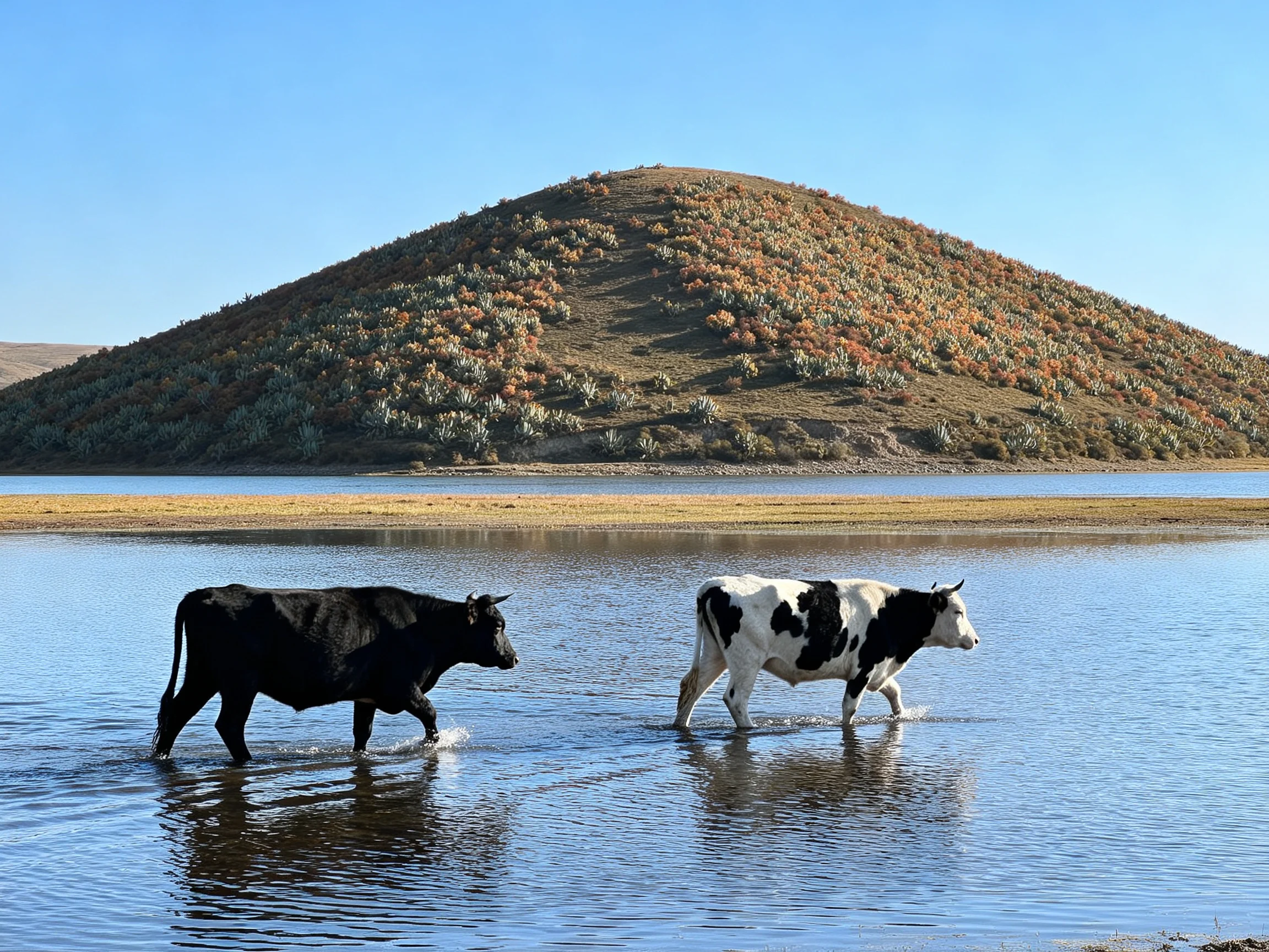Two cows wade through water near an autumn-colored hill