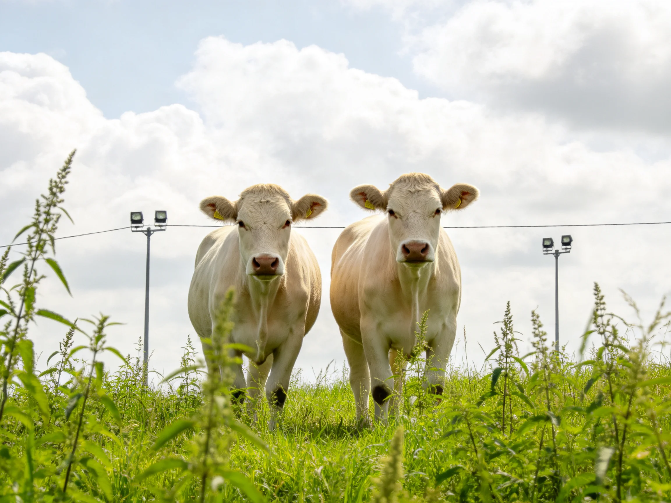 Two cream-colored cows in a grassy field with tall lighting poles