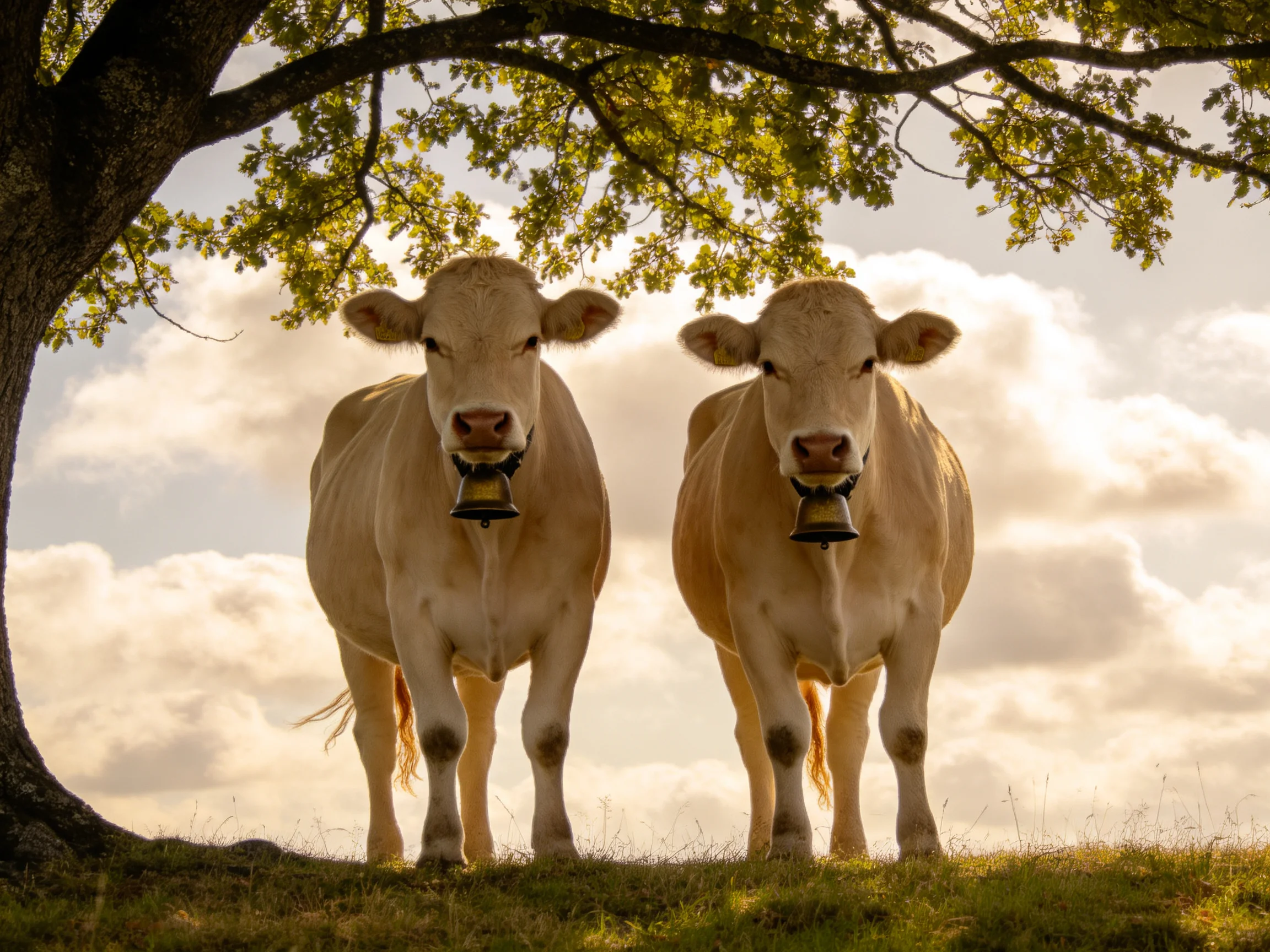 Two cows stand together under a tree in a sunlit field.
