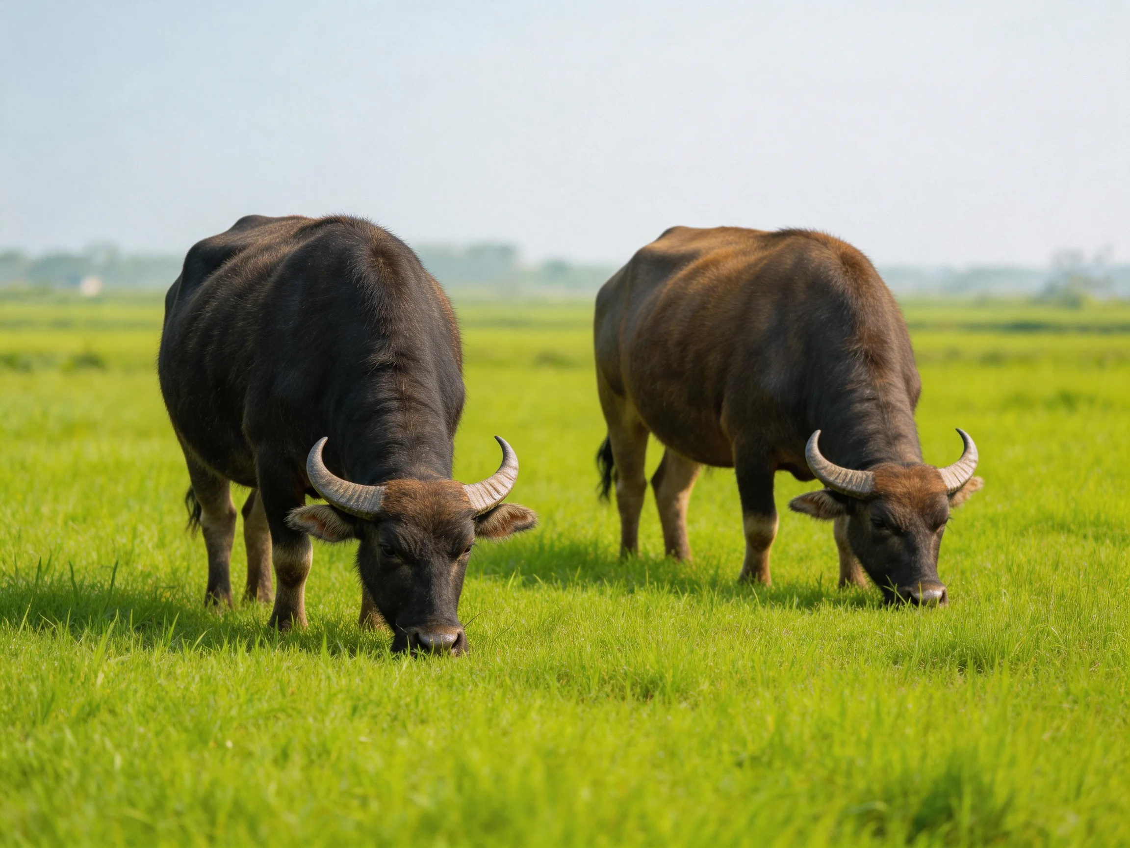 Two dark brown buffaloes graze in a lush green meadow