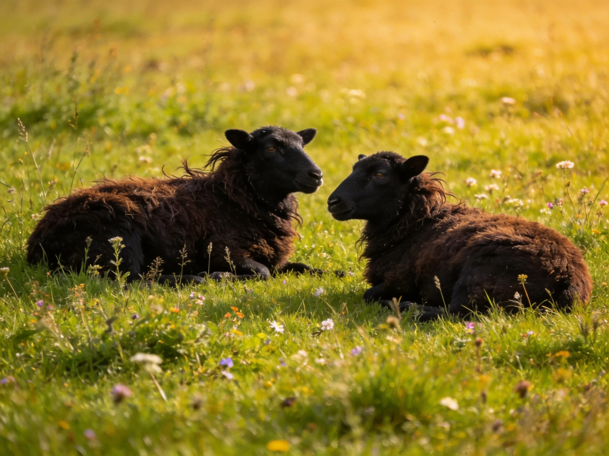 Two dark brown lambs rest in a sunlit meadow with wildflowers