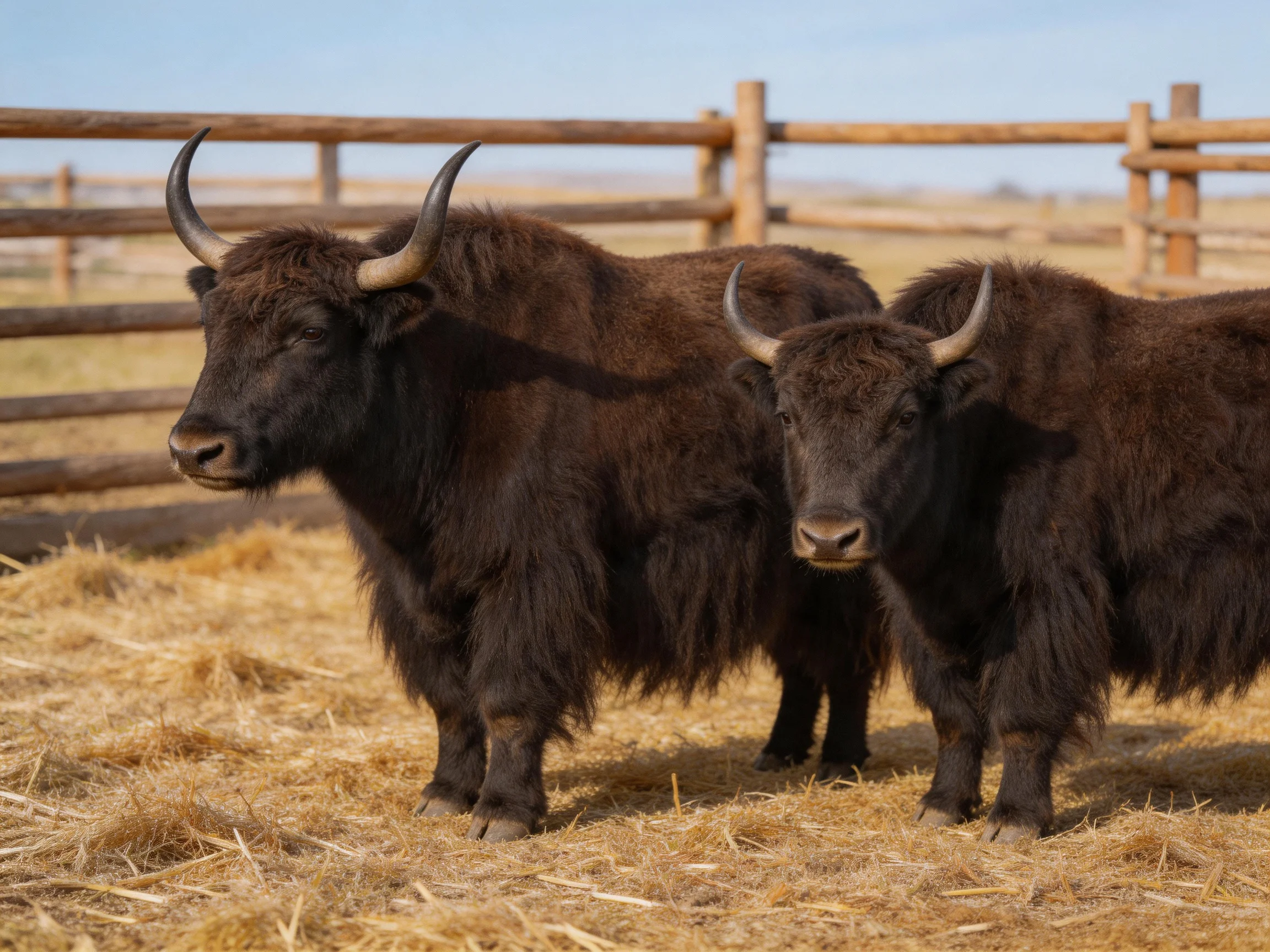 Two dark brown yaks stand near a wooden fence on golden hay