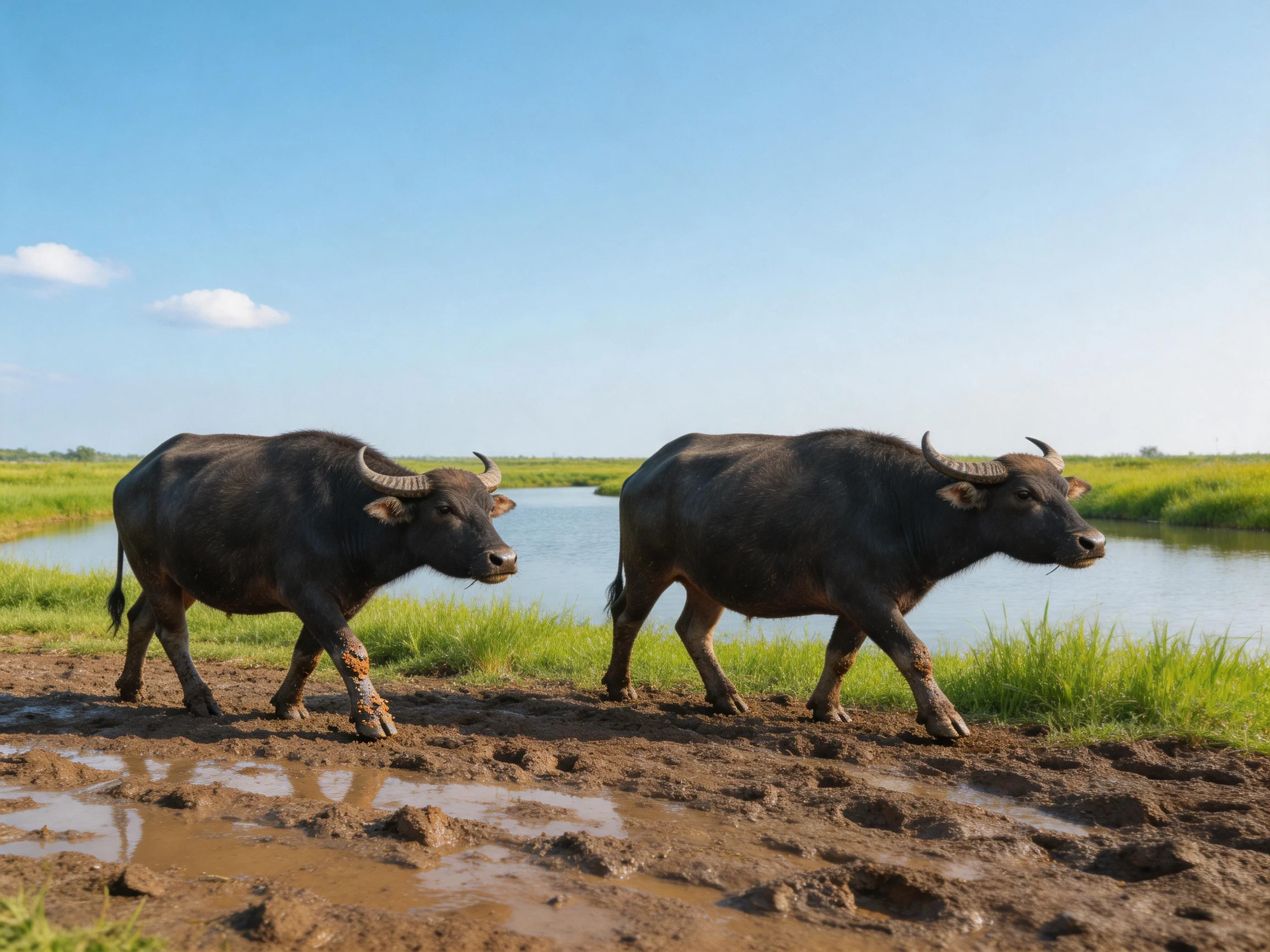 Two dark water buffaloes walk near a muddy riverbank with green fields