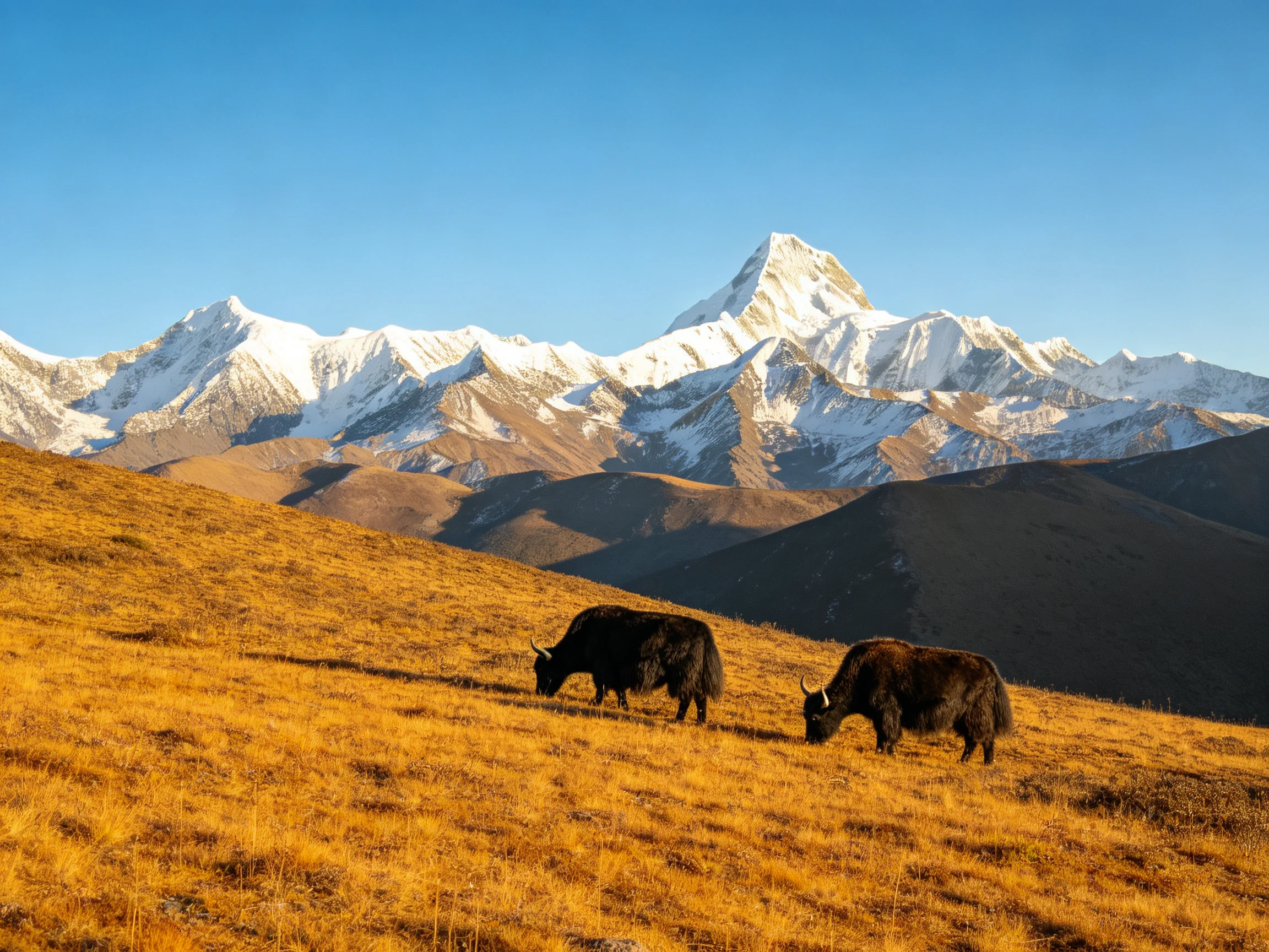 Two dark yaks graze on golden terrain with towering snow-capped mountains