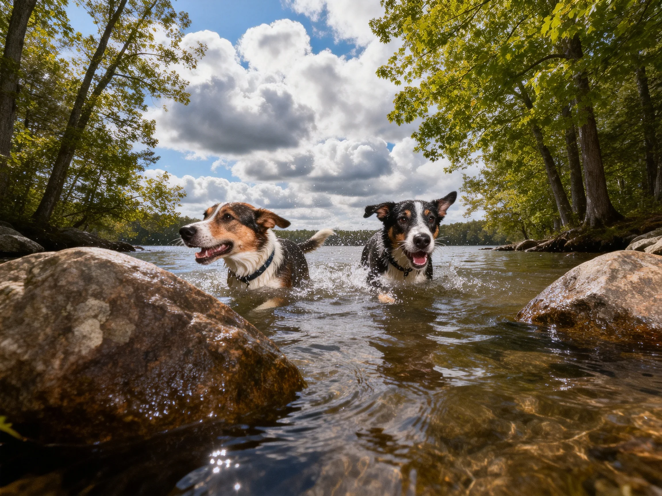 Two dogs splash through a shallow stream beside large rocks and leafy trees
