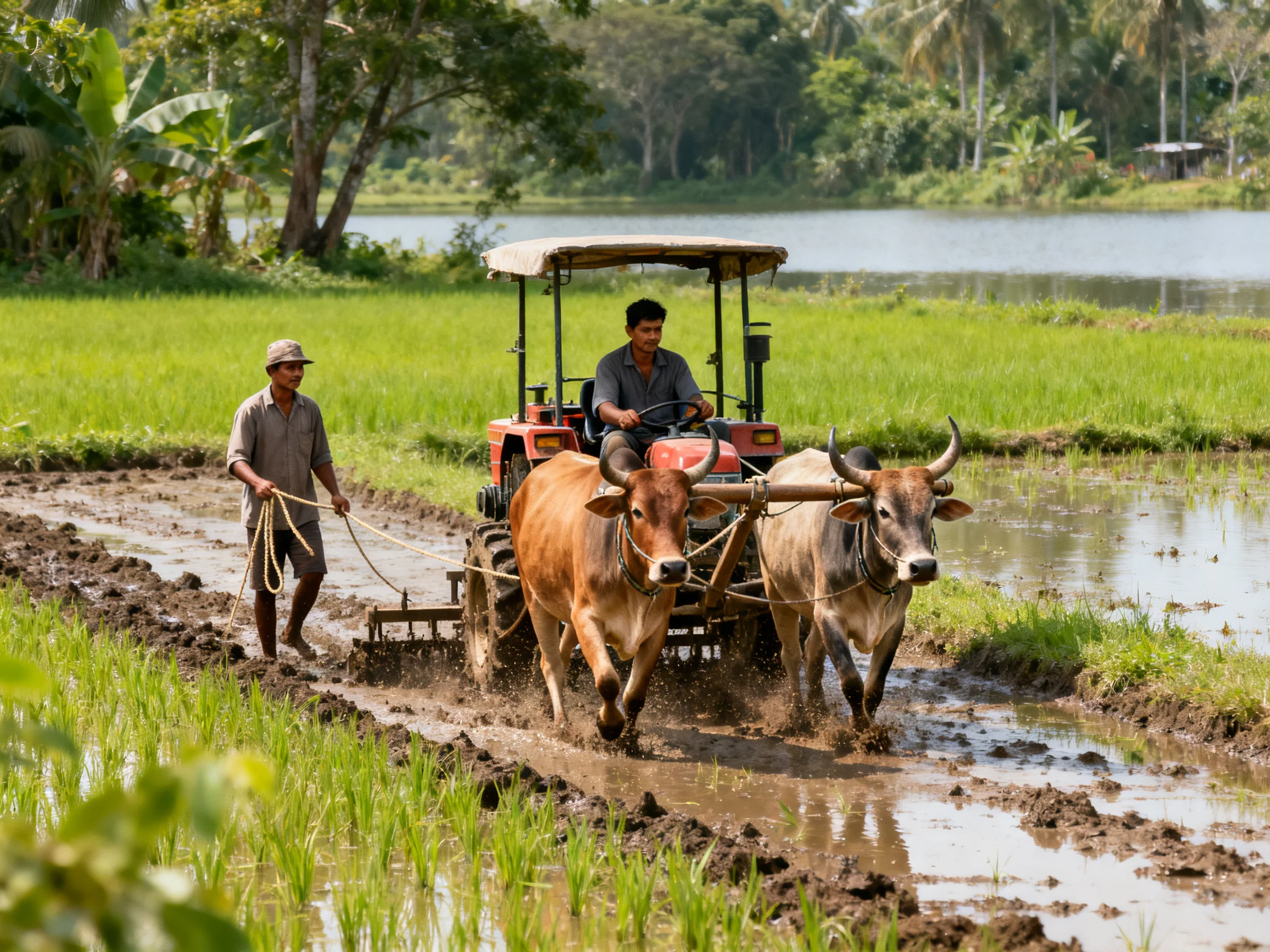 Two farmers guide an orange tractor pulled by brown oxen through muddy rice fields.