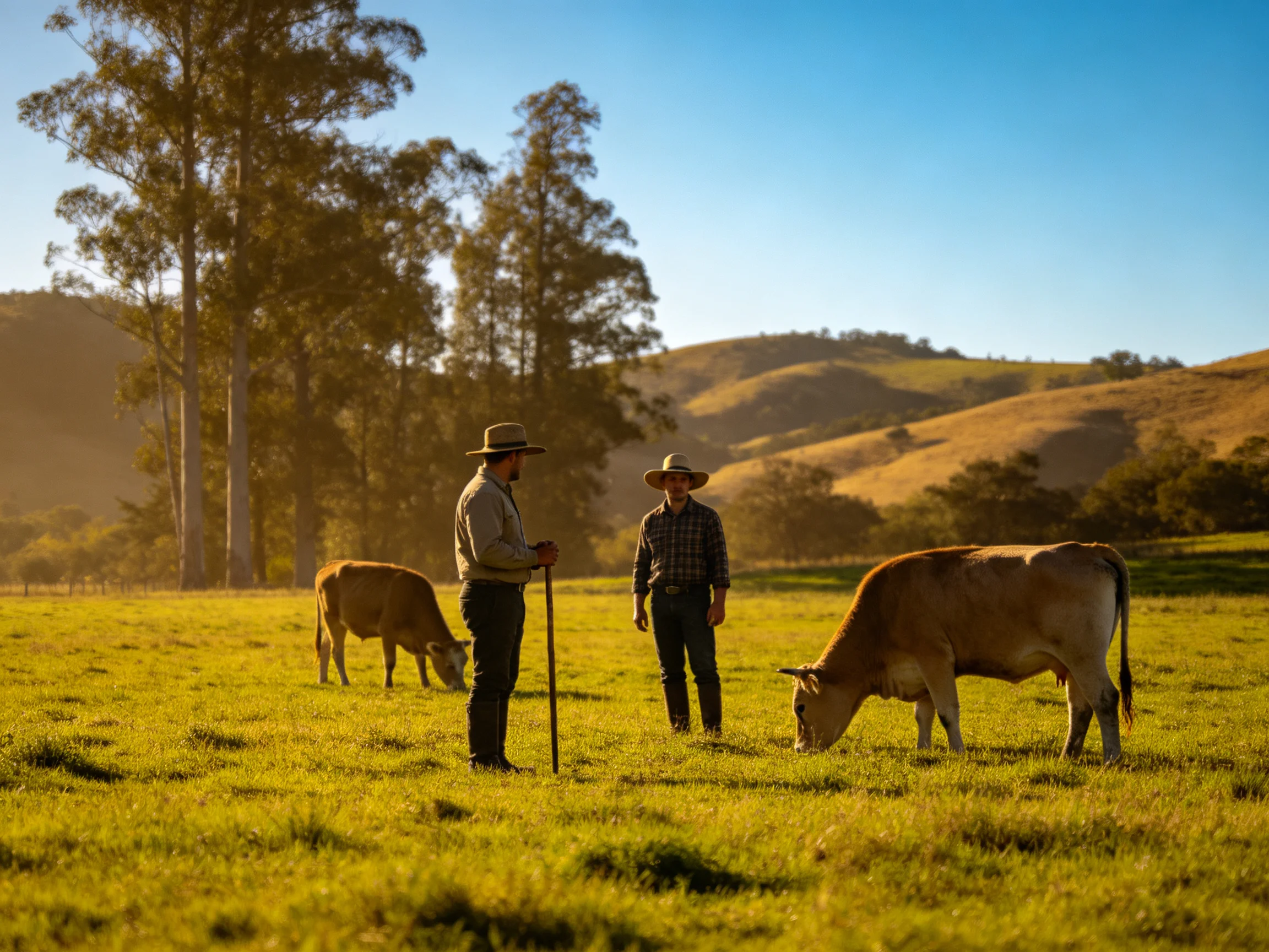 Two farmers tend cattle in a sunlit rolling pasture with tall trees